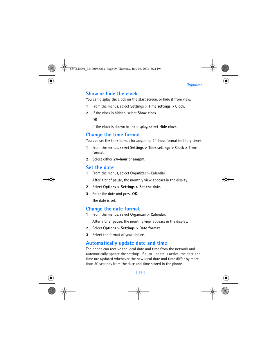 Show or hide the clock, Change the time format, Set the date | Change the date format, Automatically update date and time | Nokia 6340i User Manual | Page 106 / 169