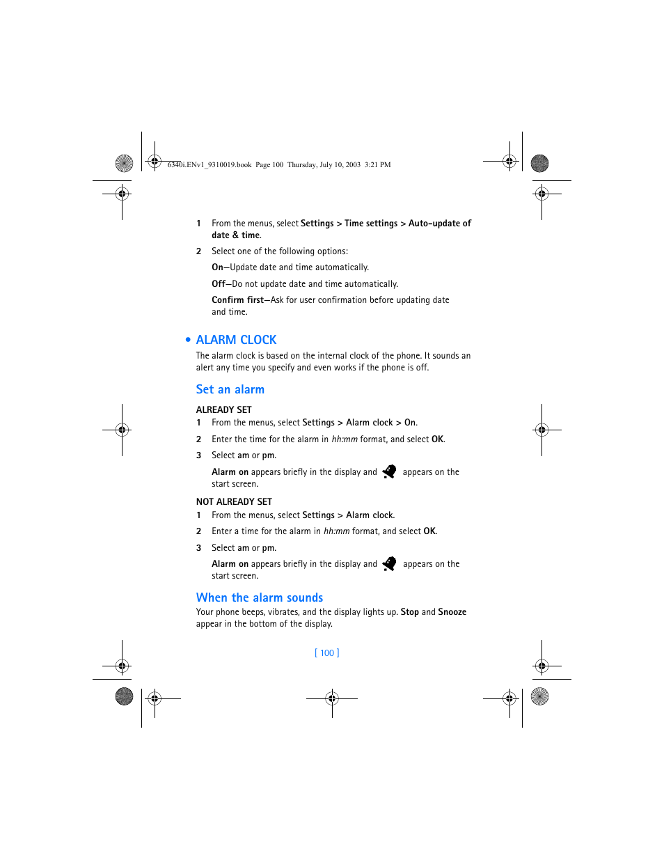Alarm clock, Set an alarm, When the alarm sounds | Nokia 6340i User Manual | Page 107 / 169
