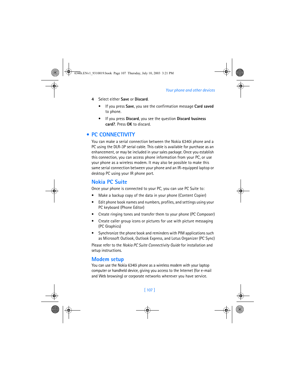 Pc connectivity, Nokia pc suite, Modem setup | Nokia 6340i User Manual | Page 114 / 169