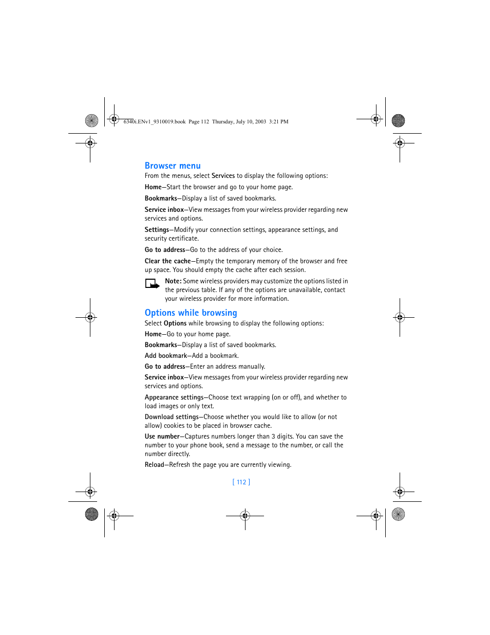 Browser menu, Options while browsing | Nokia 6340i User Manual | Page 119 / 169