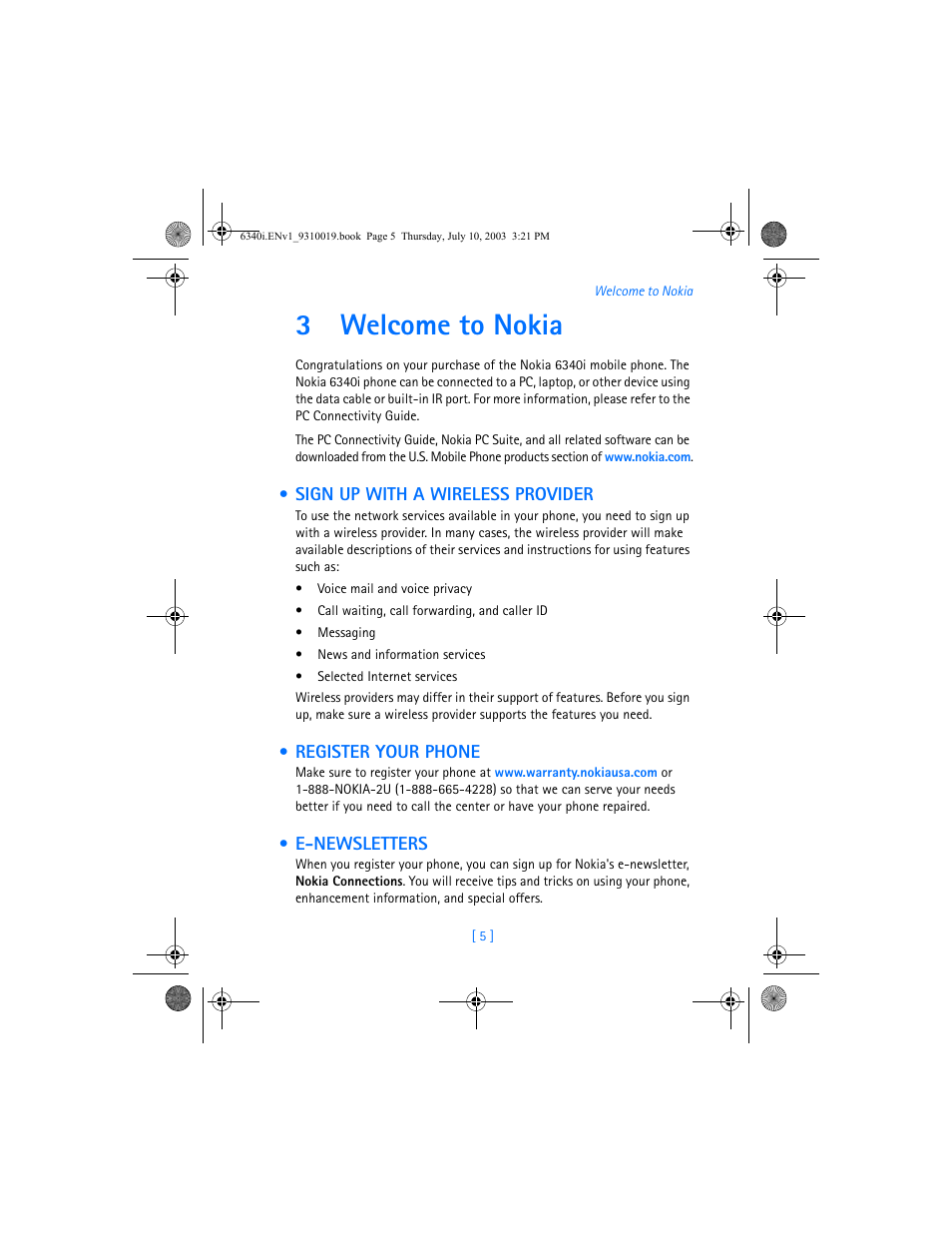 3 welcome to nokia, Sign up with a wireless provider, Register your phone | E-newsletters, Welcome to nokia, 3welcome to nokia | Nokia 6340i User Manual | Page 12 / 169