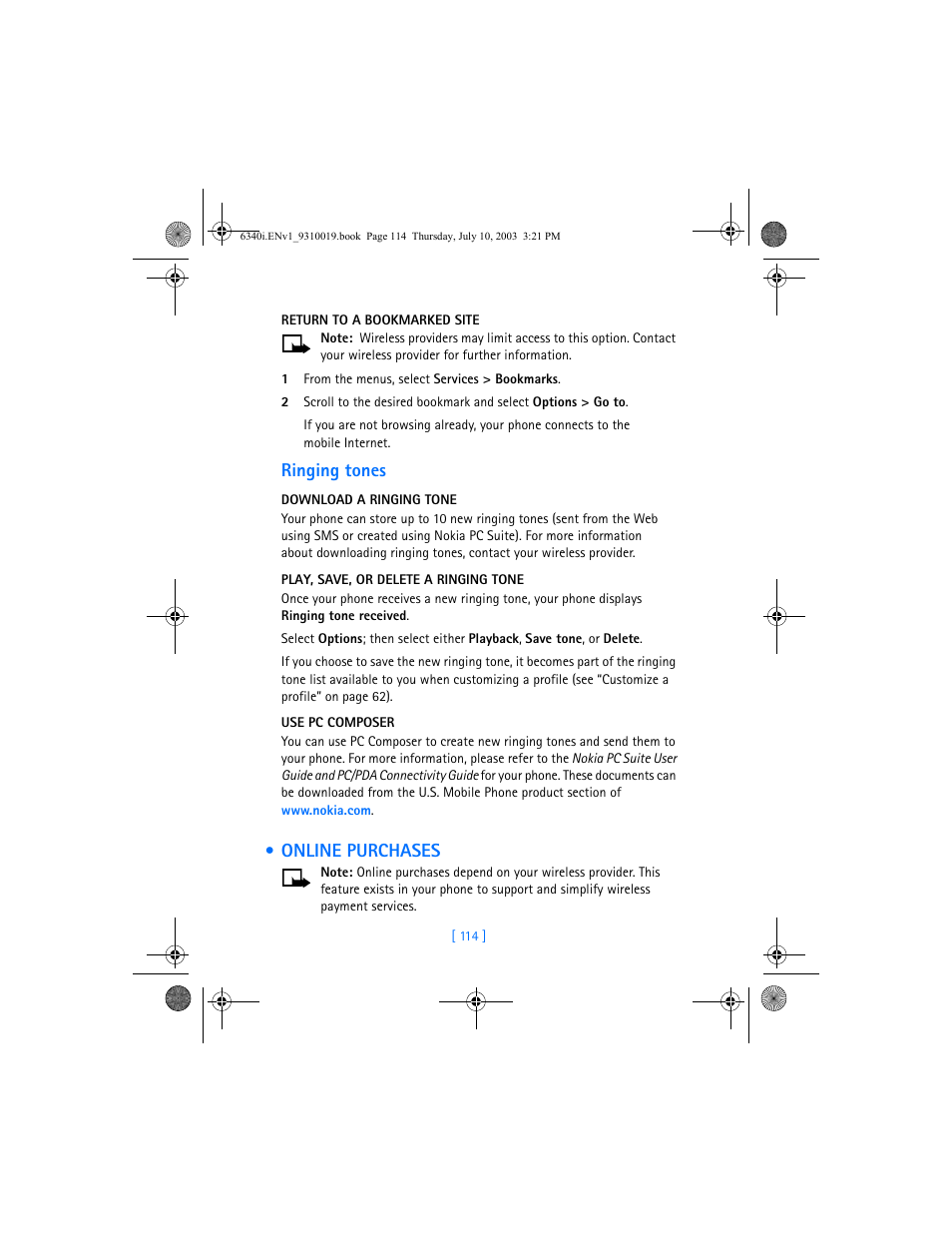 Online purchases, Ringing tones | Nokia 6340i User Manual | Page 121 / 169