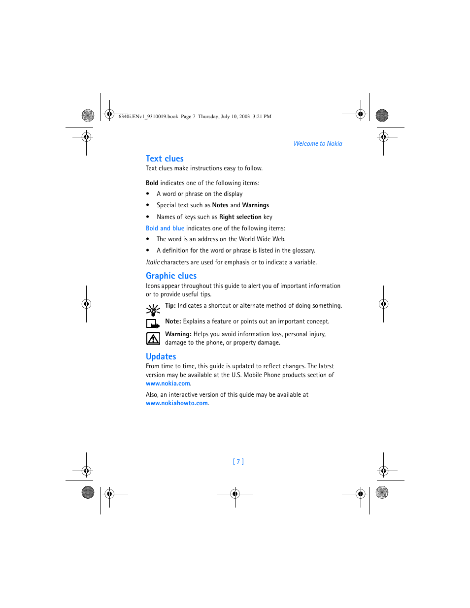 Text clues, Graphic clues, Updates | Nokia 6340i User Manual | Page 14 / 169