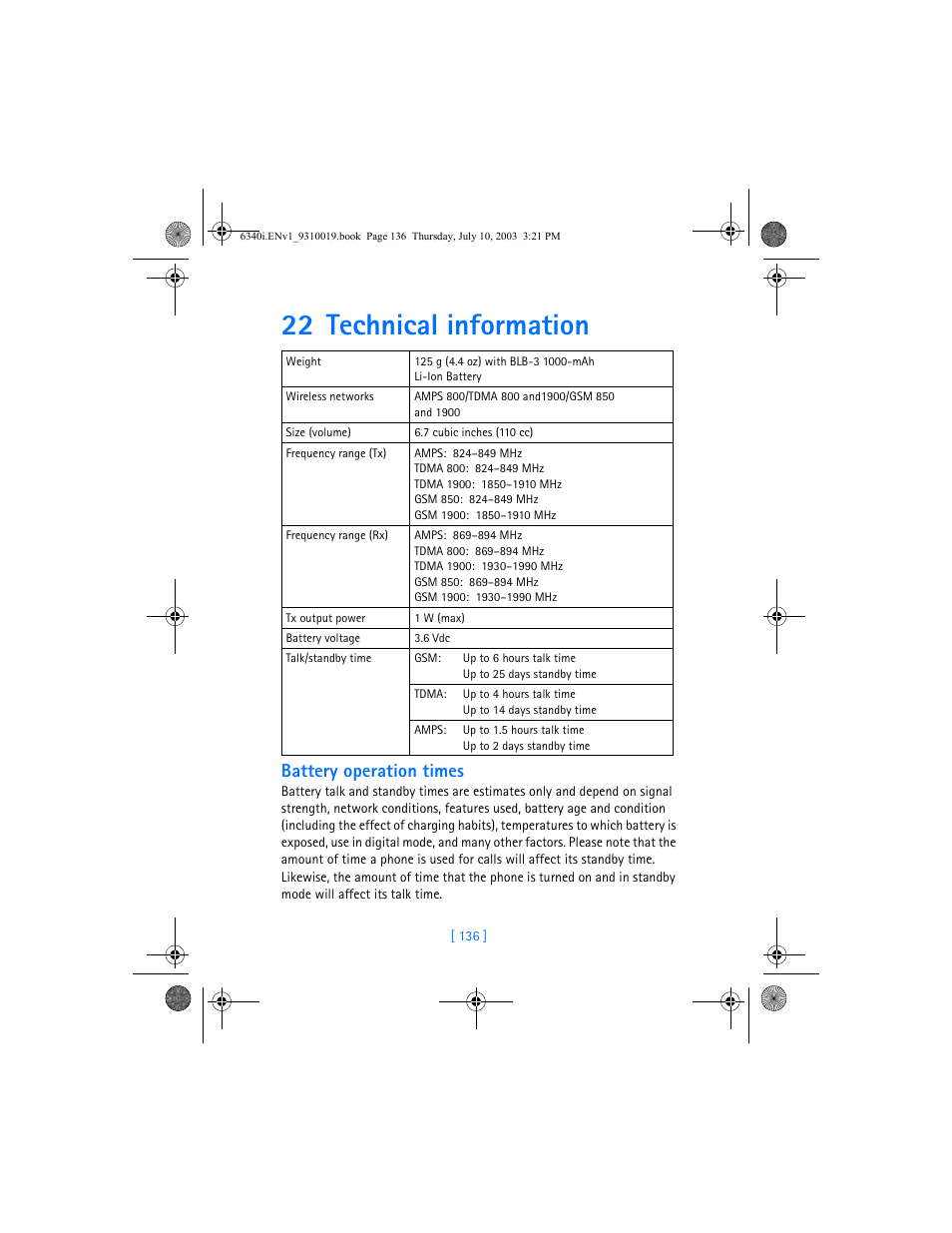 22 technical information, Battery operation times | Nokia 6340i User Manual | Page 143 / 169