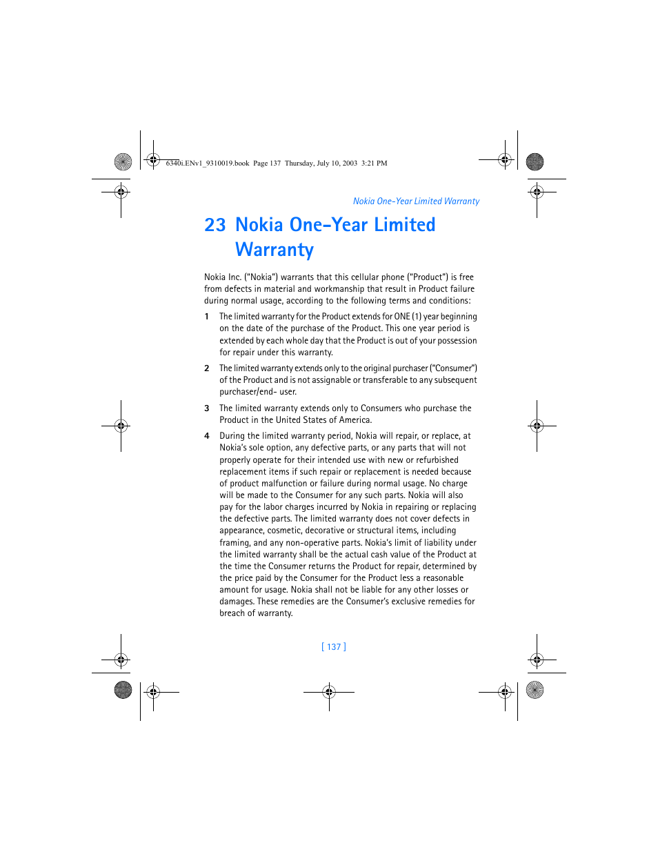 23 nokia one-year limited warranty | Nokia 6340i User Manual | Page 144 / 169