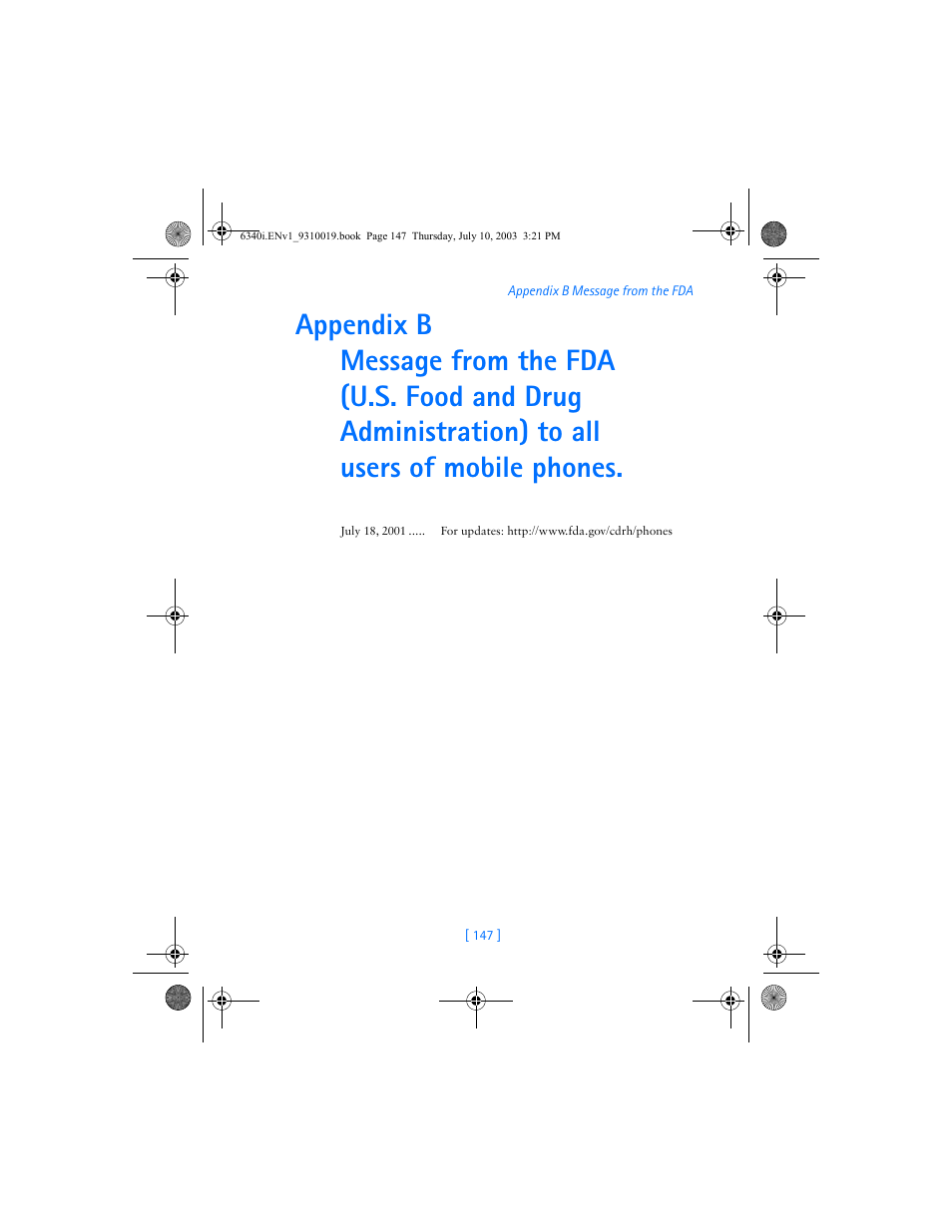 Appendix b message from the fda | Nokia 6340i User Manual | Page 154 / 169