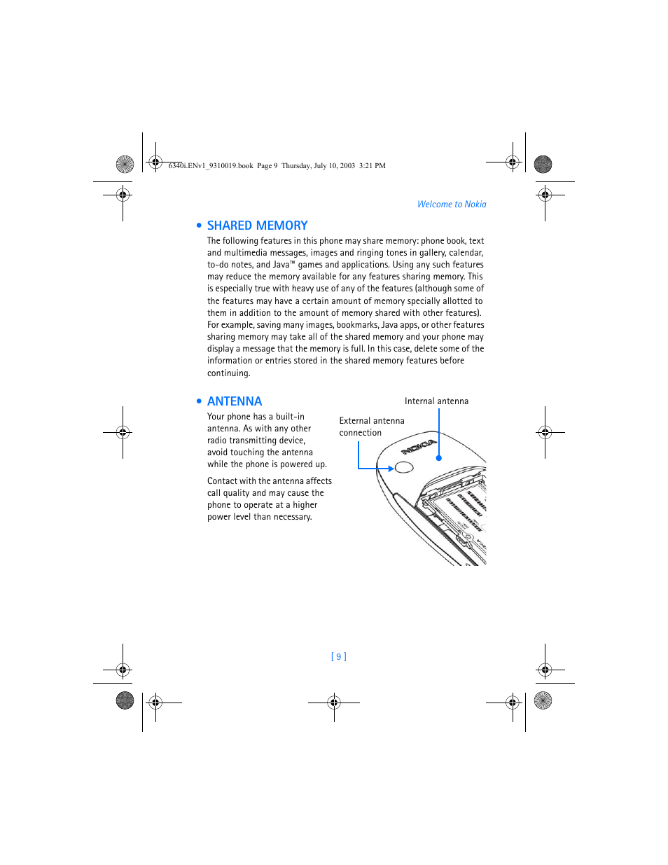 Shared memory, Antenna, Shared memory antenna | Nokia 6340i User Manual | Page 16 / 169