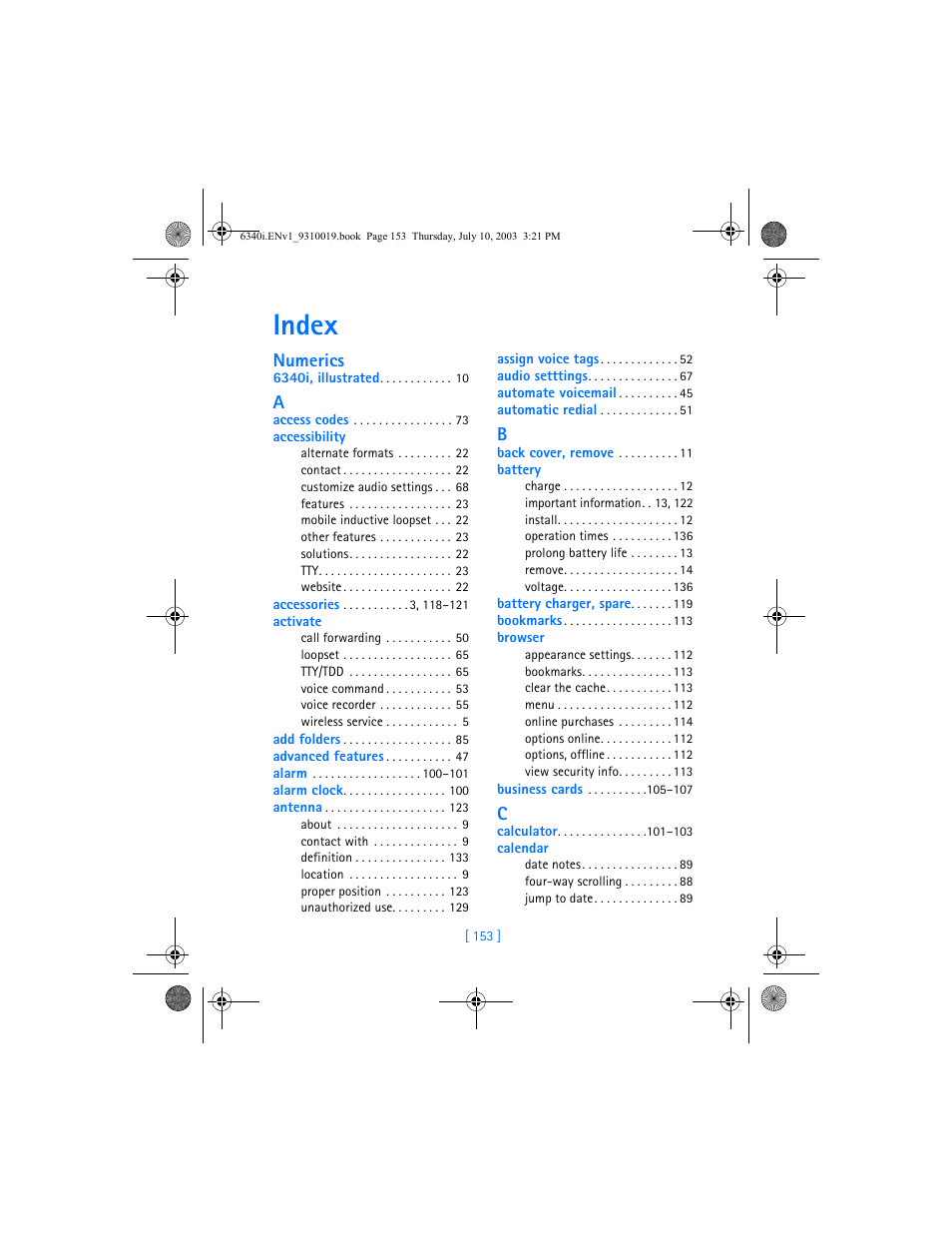 Index, Numerics | Nokia 6340i User Manual | Page 160 / 169