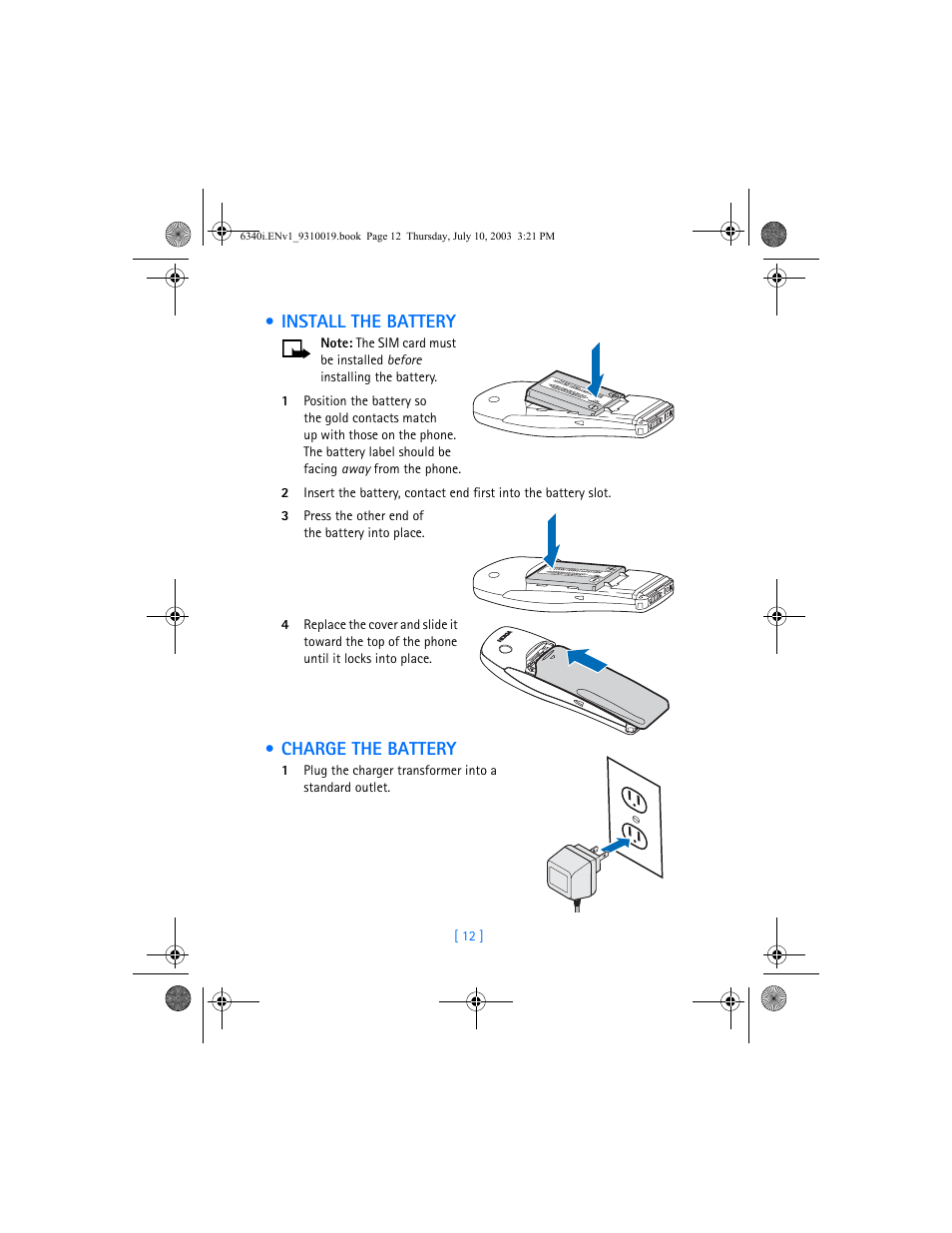 Install the battery, Charge the battery, Install the battery charge the battery | Nokia 6340i User Manual | Page 19 / 169