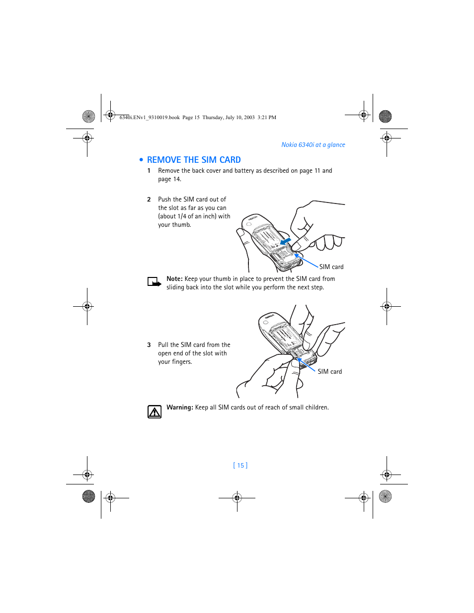 Remove the sim card | Nokia 6340i User Manual | Page 22 / 169