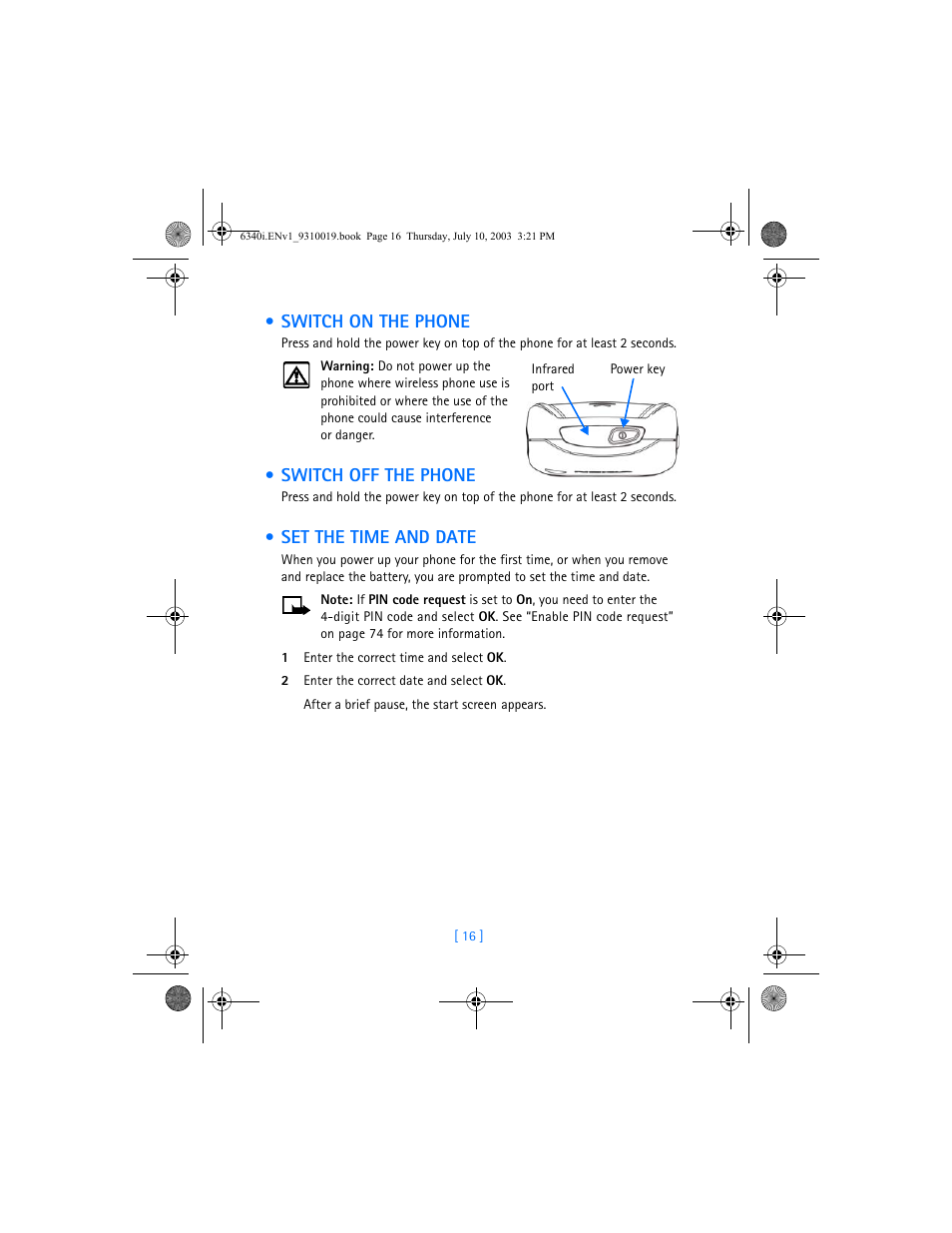 Switch on the phone, Switch off the phone, Set the time and date | Nokia 6340i User Manual | Page 23 / 169