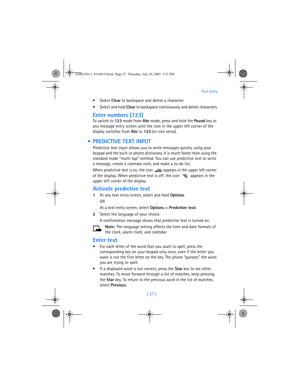 Predictive text input, Enter numbers (123), Activate predictive text | Enter text | Nokia 6340i User Manual | Page 34 / 169