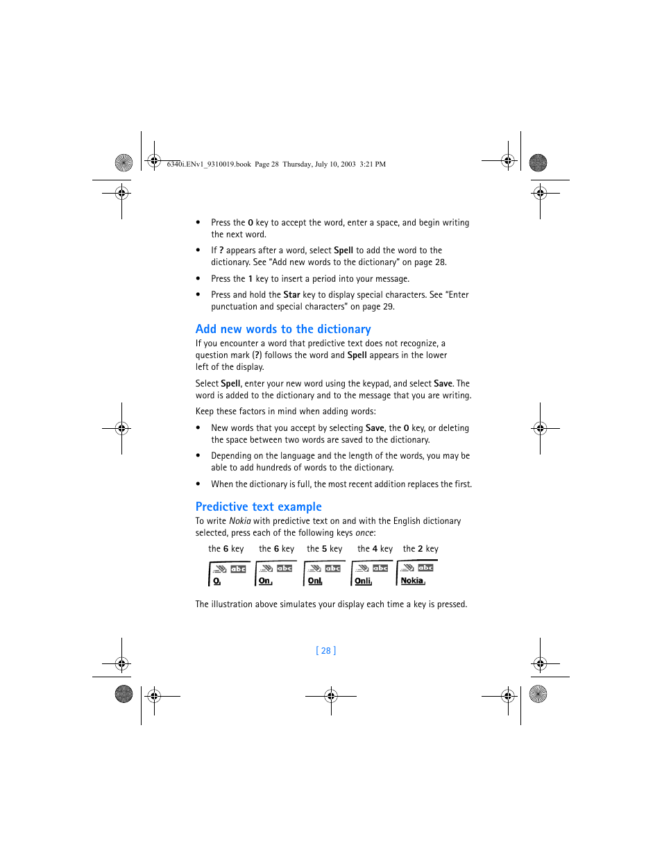 Add new words to the dictionary, Predictive text example | Nokia 6340i User Manual | Page 35 / 169