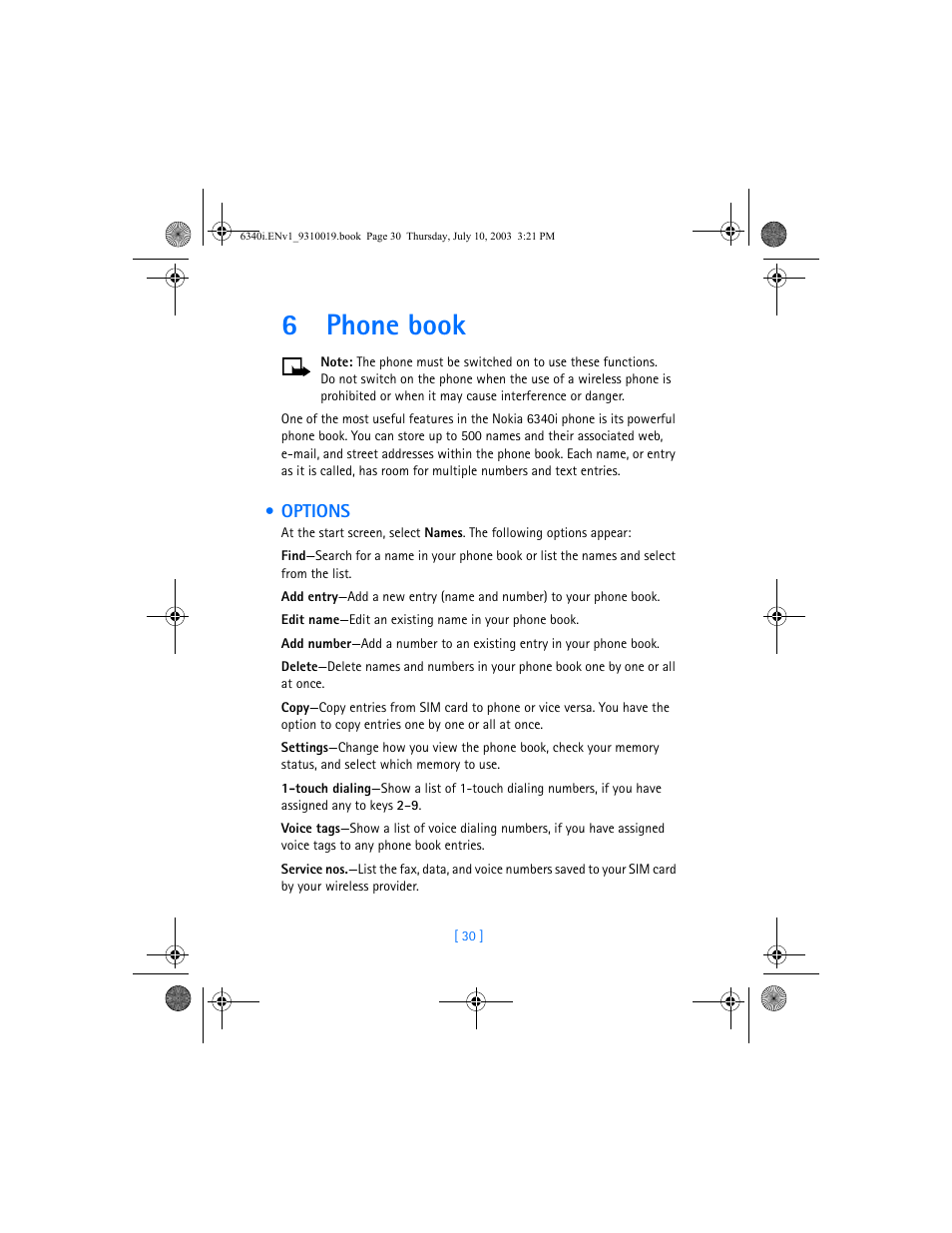 6 phone book, Options, Phone book | 6phone book | Nokia 6340i User Manual | Page 37 / 169