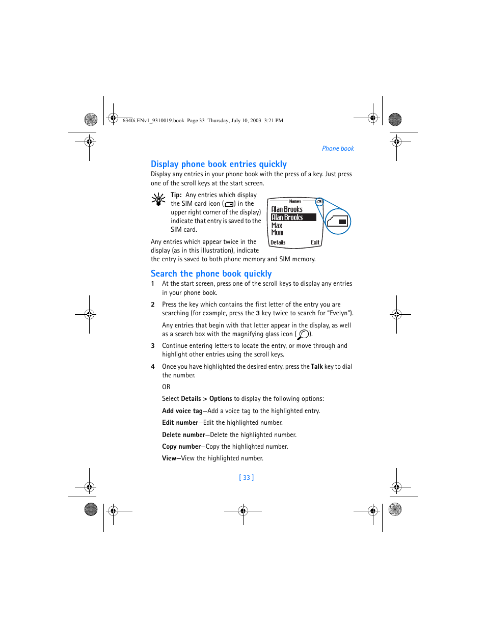 Display phone book entries quickly, Search the phone book quickly | Nokia 6340i User Manual | Page 40 / 169