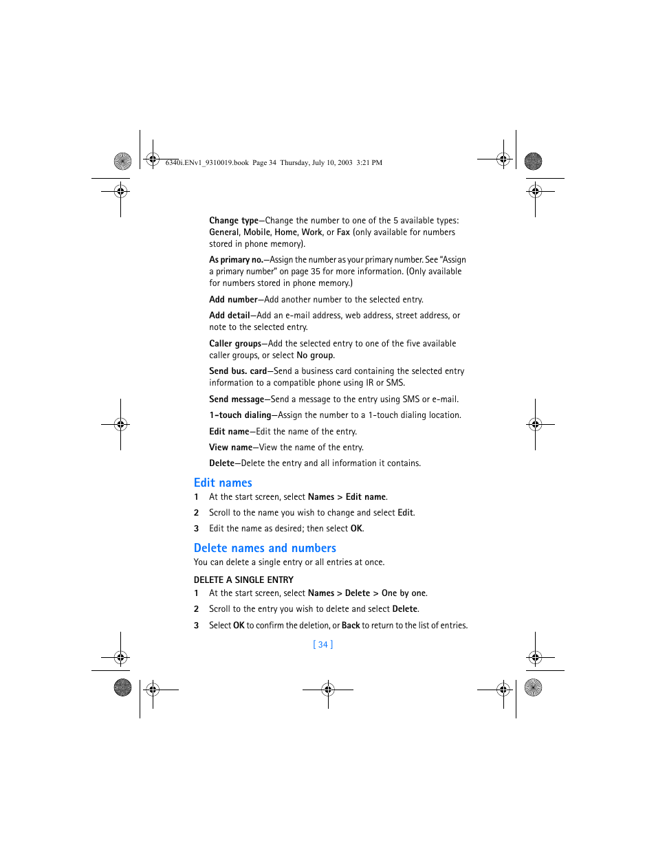 Edit names, Delete names and numbers | Nokia 6340i User Manual | Page 41 / 169