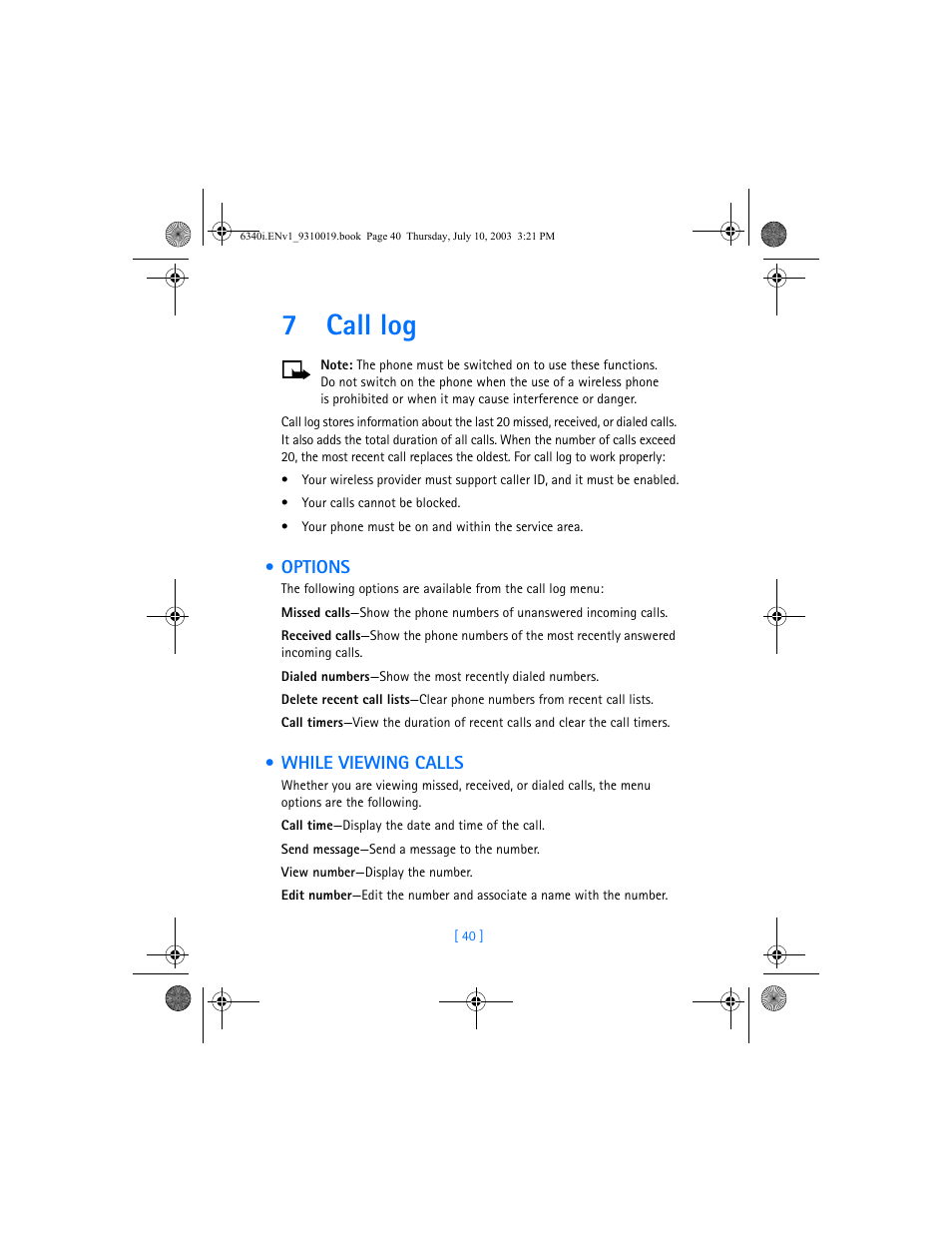 7 call log, Options, While viewing calls | Call log, Options while viewing calls, 7call log | Nokia 6340i User Manual | Page 47 / 169
