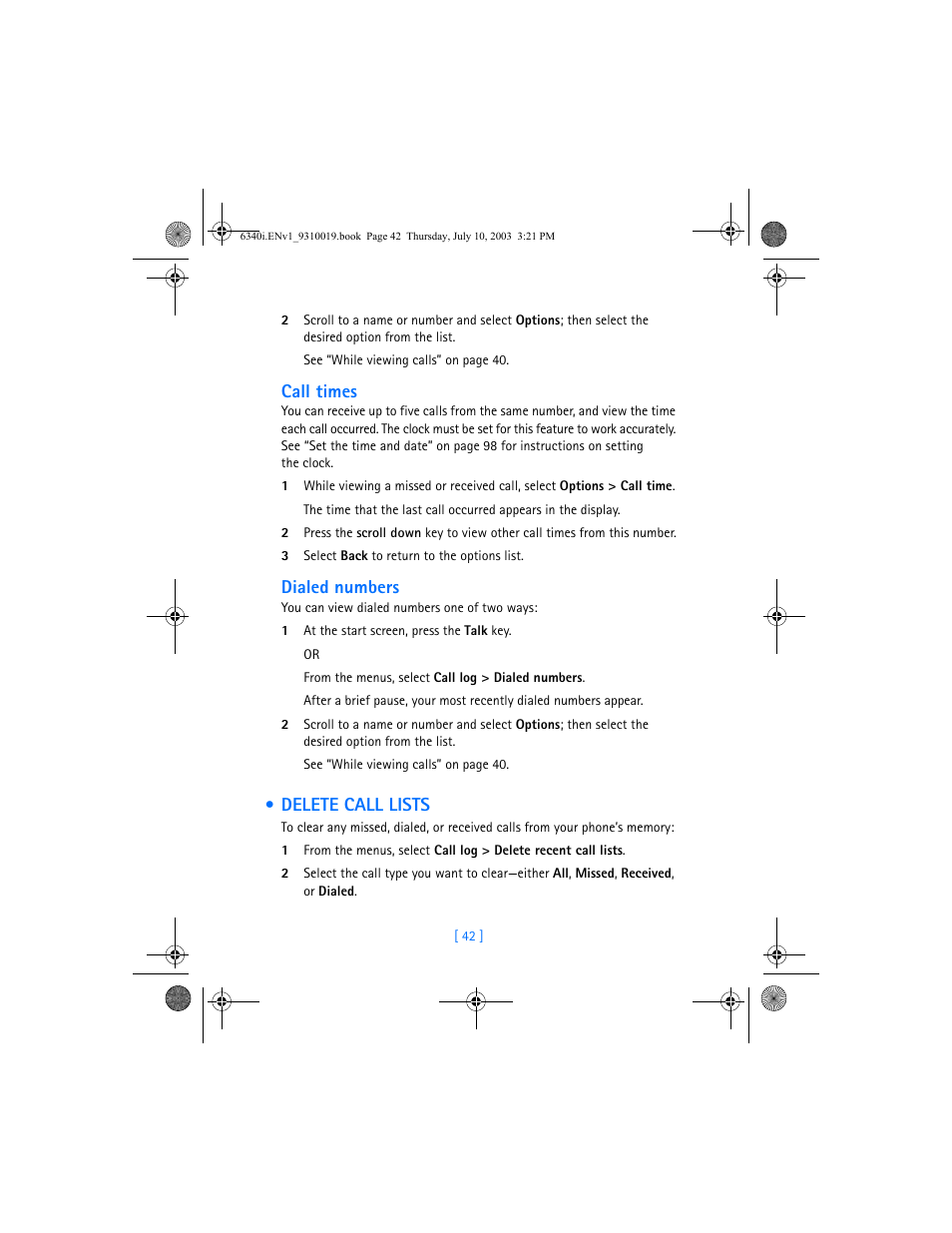 Delete call lists, Call times, Dialed numbers | Nokia 6340i User Manual | Page 49 / 169
