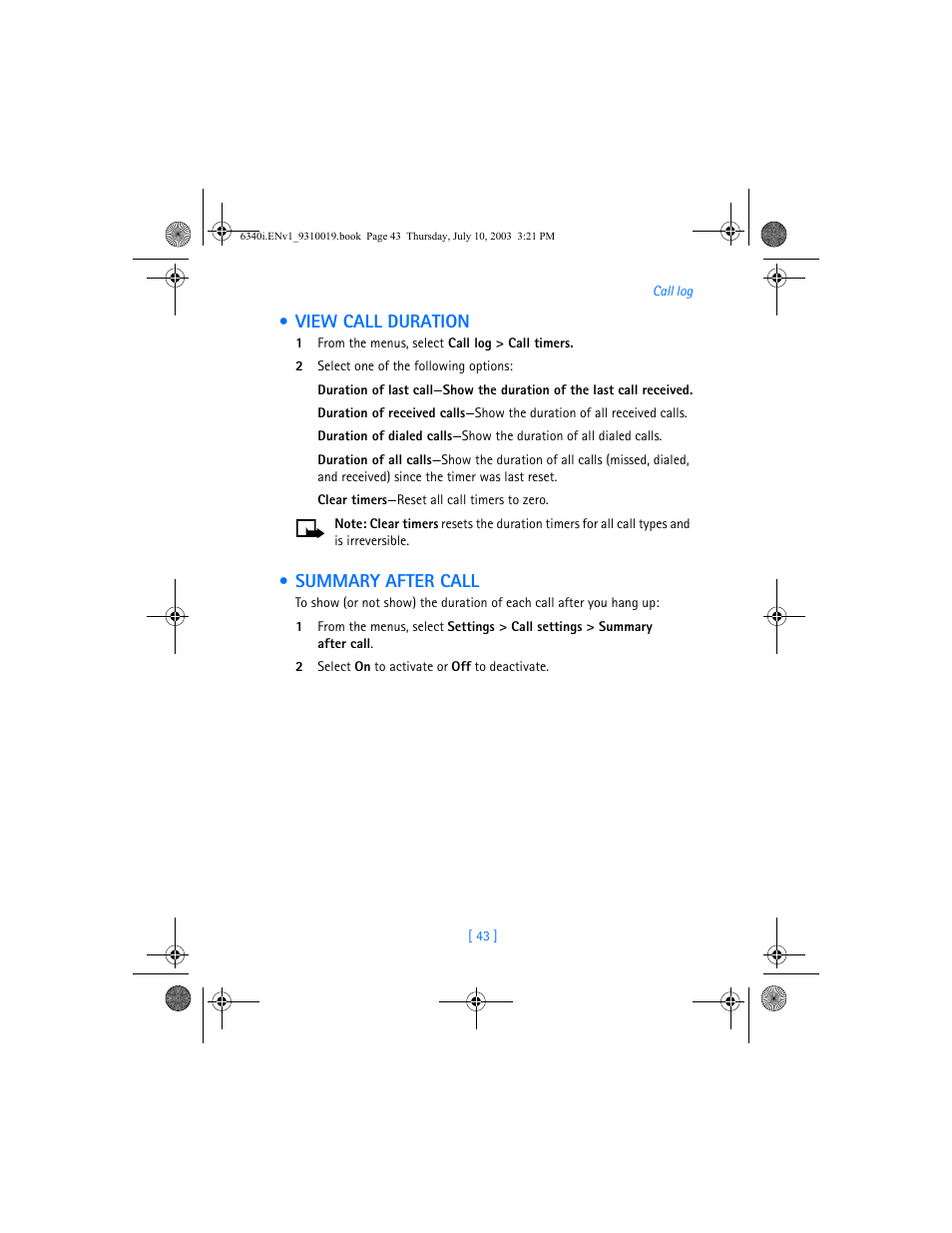 View call duration, Summary after call, View call duration summary after call | Nokia 6340i User Manual | Page 50 / 169