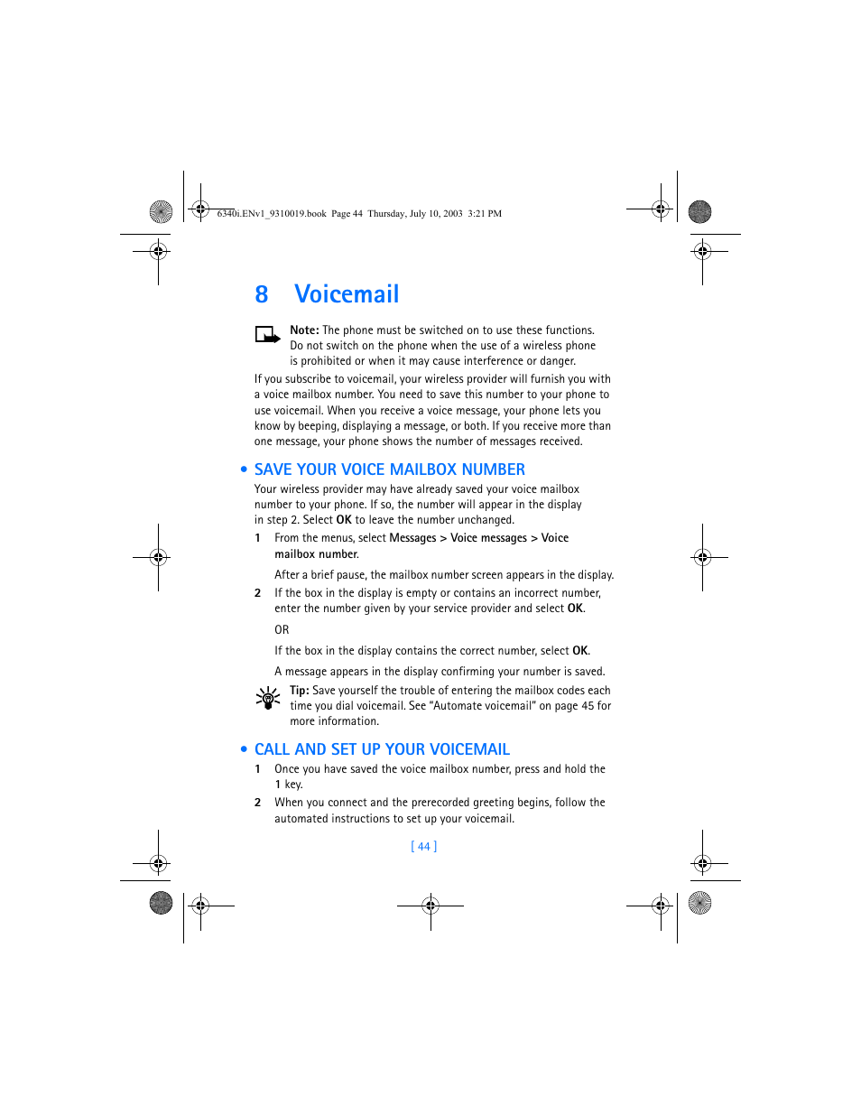 8 voicemail, Save your voice mailbox number, Call and set up your voicemail | Voicemail, 8voicemail | Nokia 6340i User Manual | Page 51 / 169