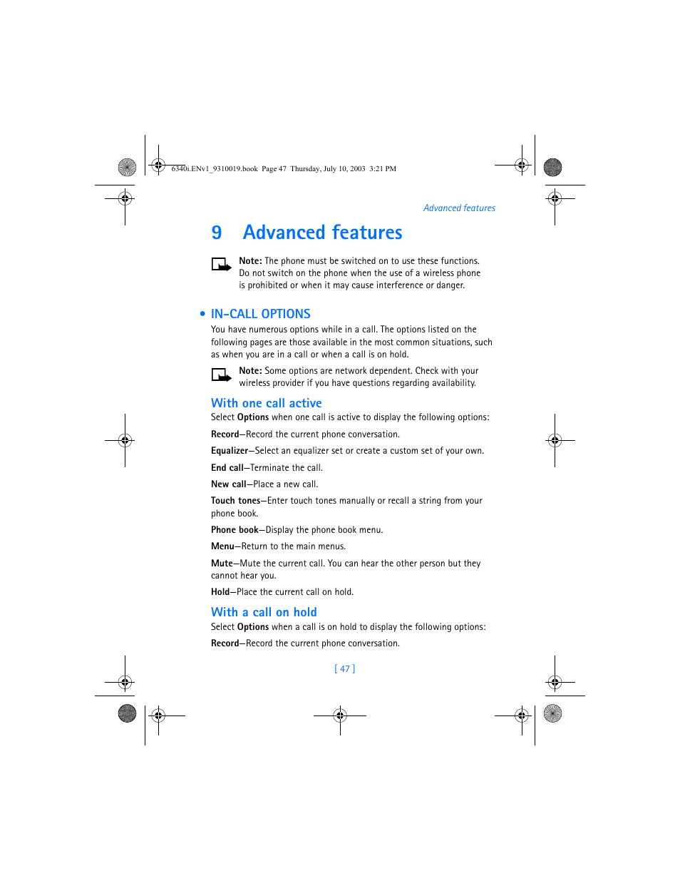 9 advanced features, In-call options, Advanced features | 9advanced features | Nokia 6340i User Manual | Page 54 / 169