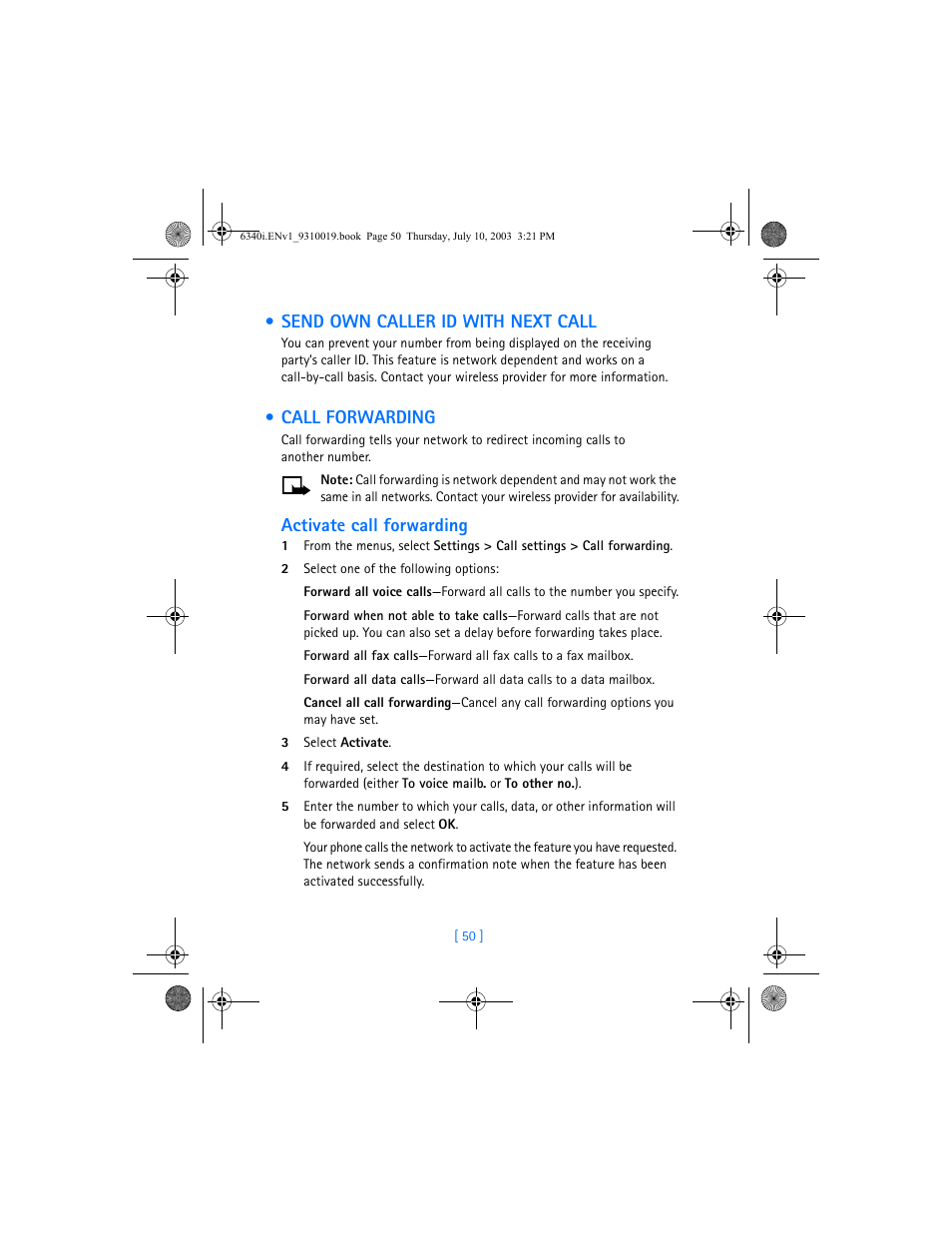 Send own caller id with next call, Call forwarding, Send own caller id with next call call forwarding | Activate call forwarding | Nokia 6340i User Manual | Page 57 / 169