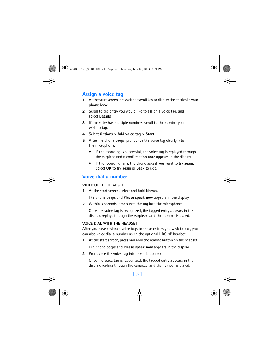 Assign a voice tag, Voice dial a number | Nokia 6340i User Manual | Page 59 / 169