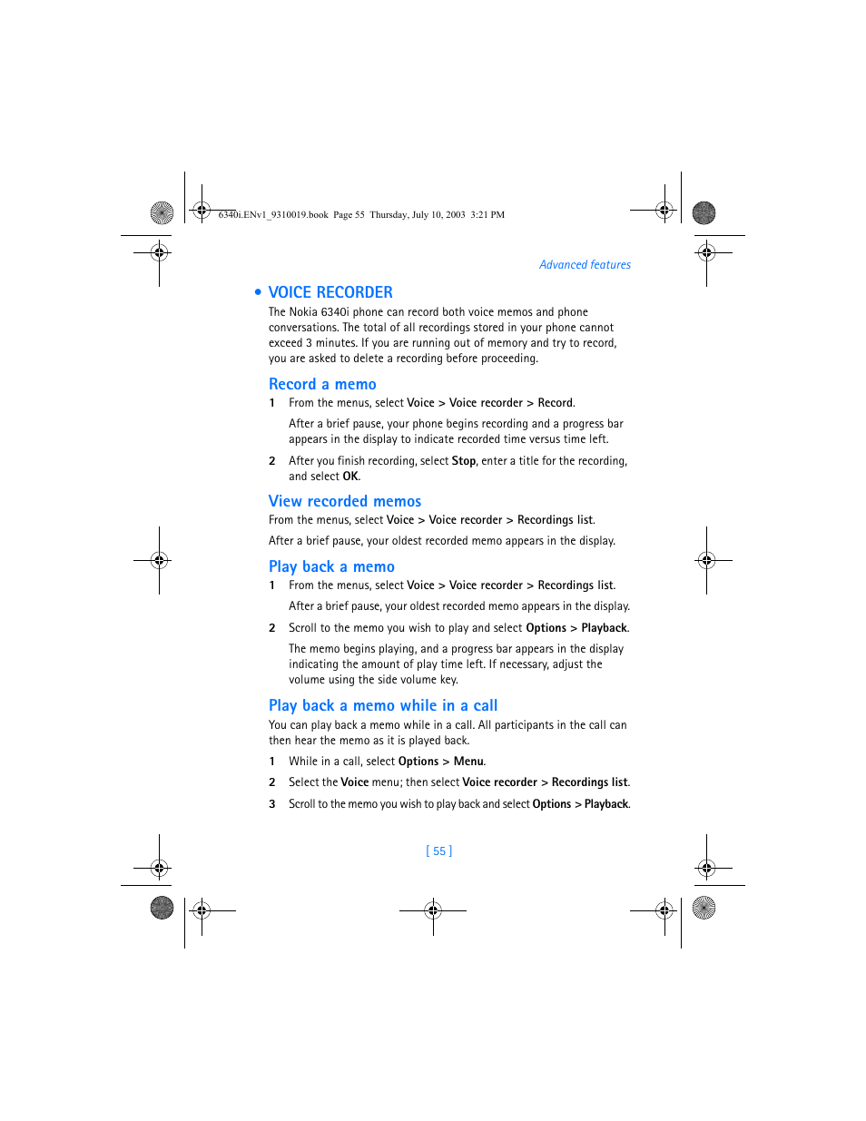 Voice recorder | Nokia 6340i User Manual | Page 62 / 169