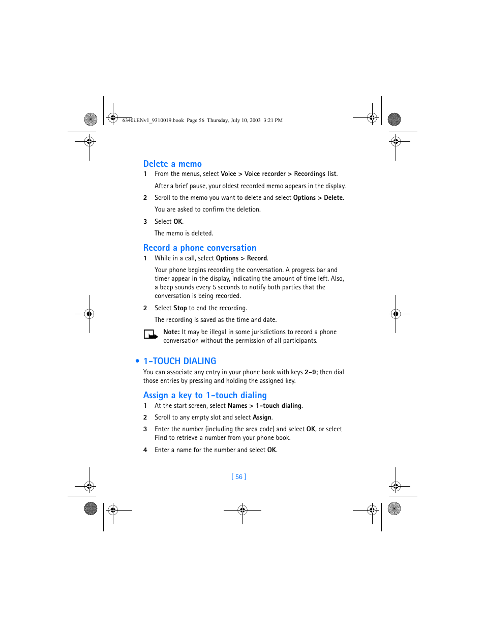 Touch dialing, Record a phone conversation, Assign a key to 1-touch dialing | Nokia 6340i User Manual | Page 63 / 169