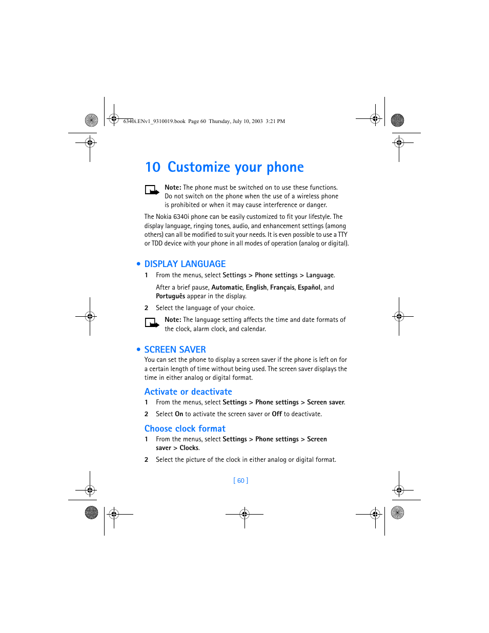 10 customize your phone, Display language, Screen saver | Display language screen saver | Nokia 6340i User Manual | Page 67 / 169