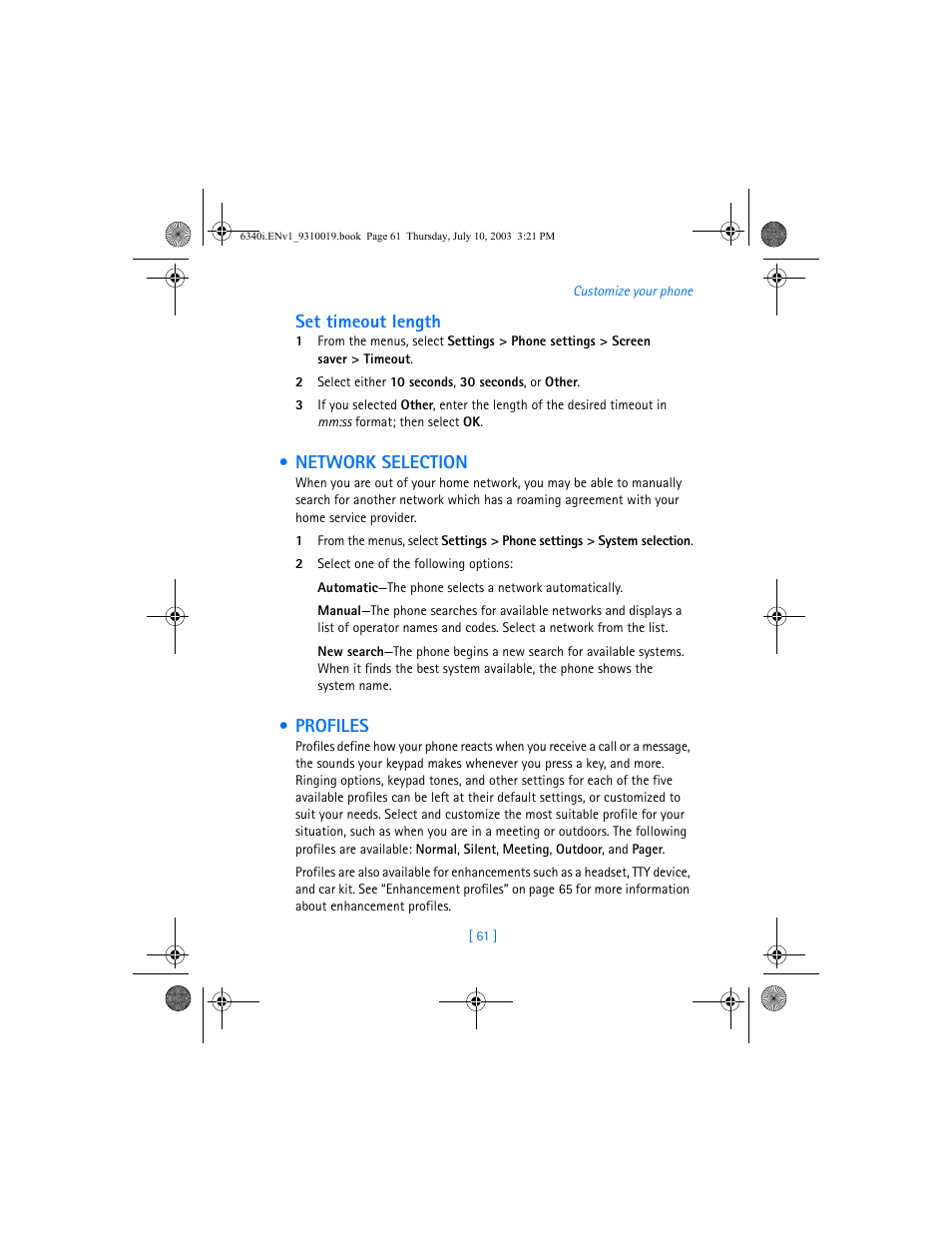 Network selection, Profiles, Network selection profiles | Set timeout length | Nokia 6340i User Manual | Page 68 / 169