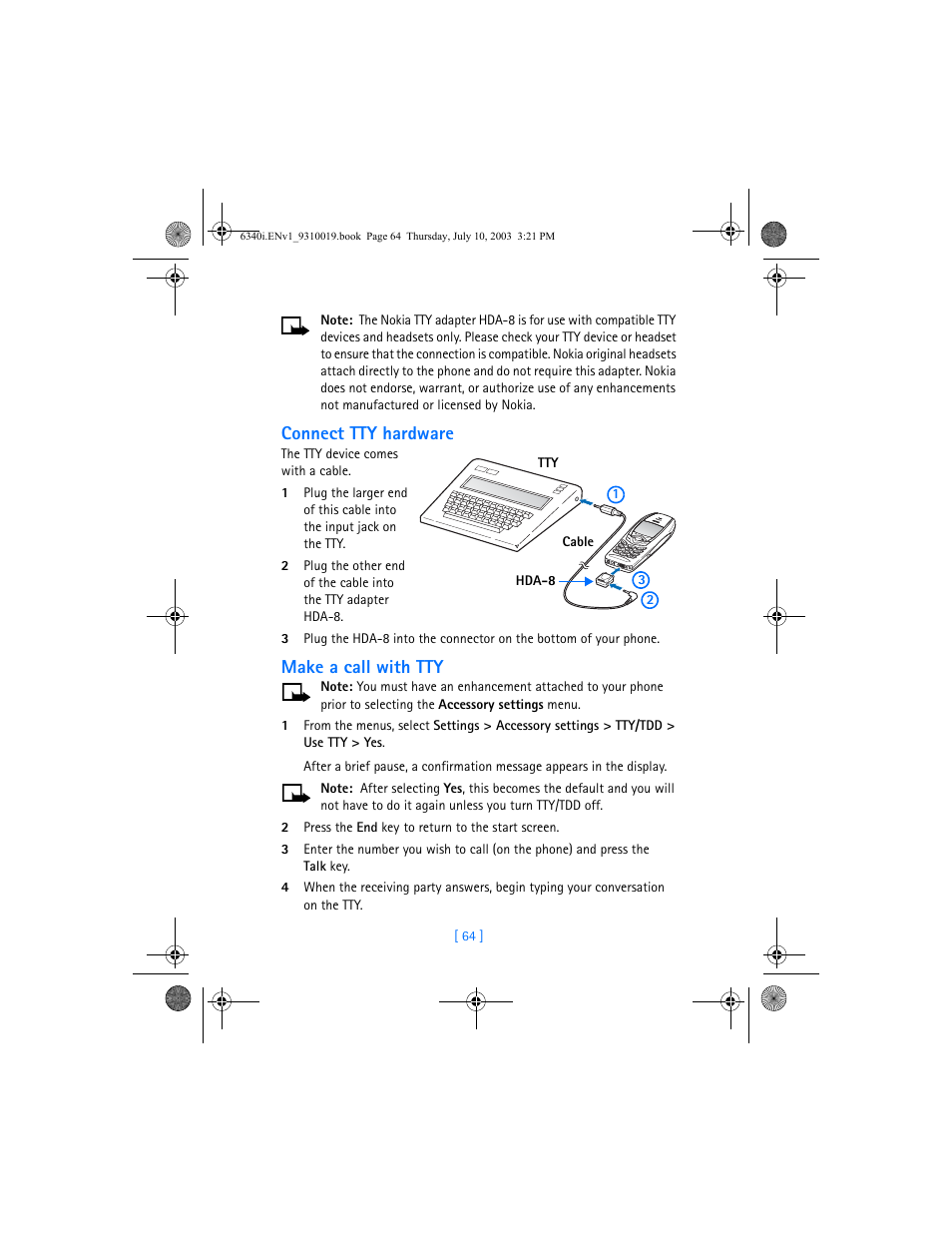 Connect tty hardware, Make a call with tty | Nokia 6340i User Manual | Page 71 / 169