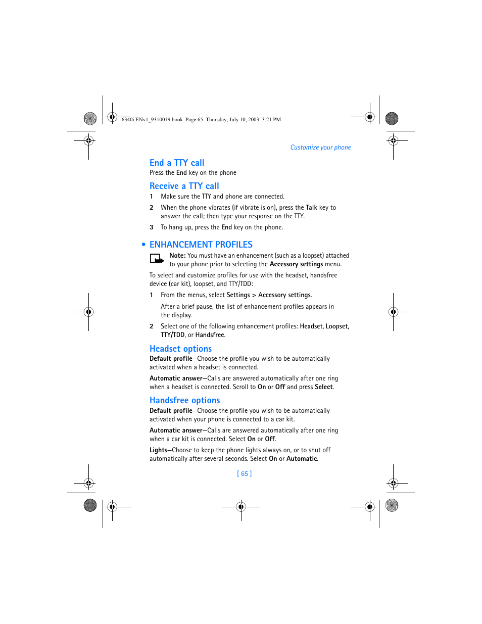 Enhancement profiles, End a tty call, Receive a tty call | Headset options, Handsfree options | Nokia 6340i User Manual | Page 72 / 169