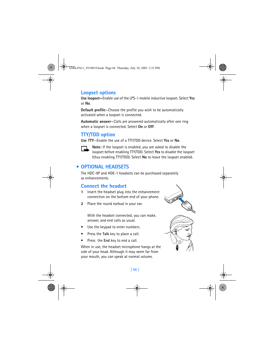 Optional headsets, Loopset options, Tty/tdd option | Connect the headset | Nokia 6340i User Manual | Page 73 / 169