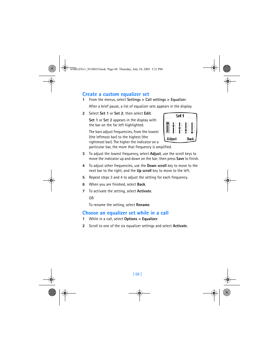 Create a custom equalizer set, Choose an equalizer set while in a call | Nokia 6340i User Manual | Page 75 / 169