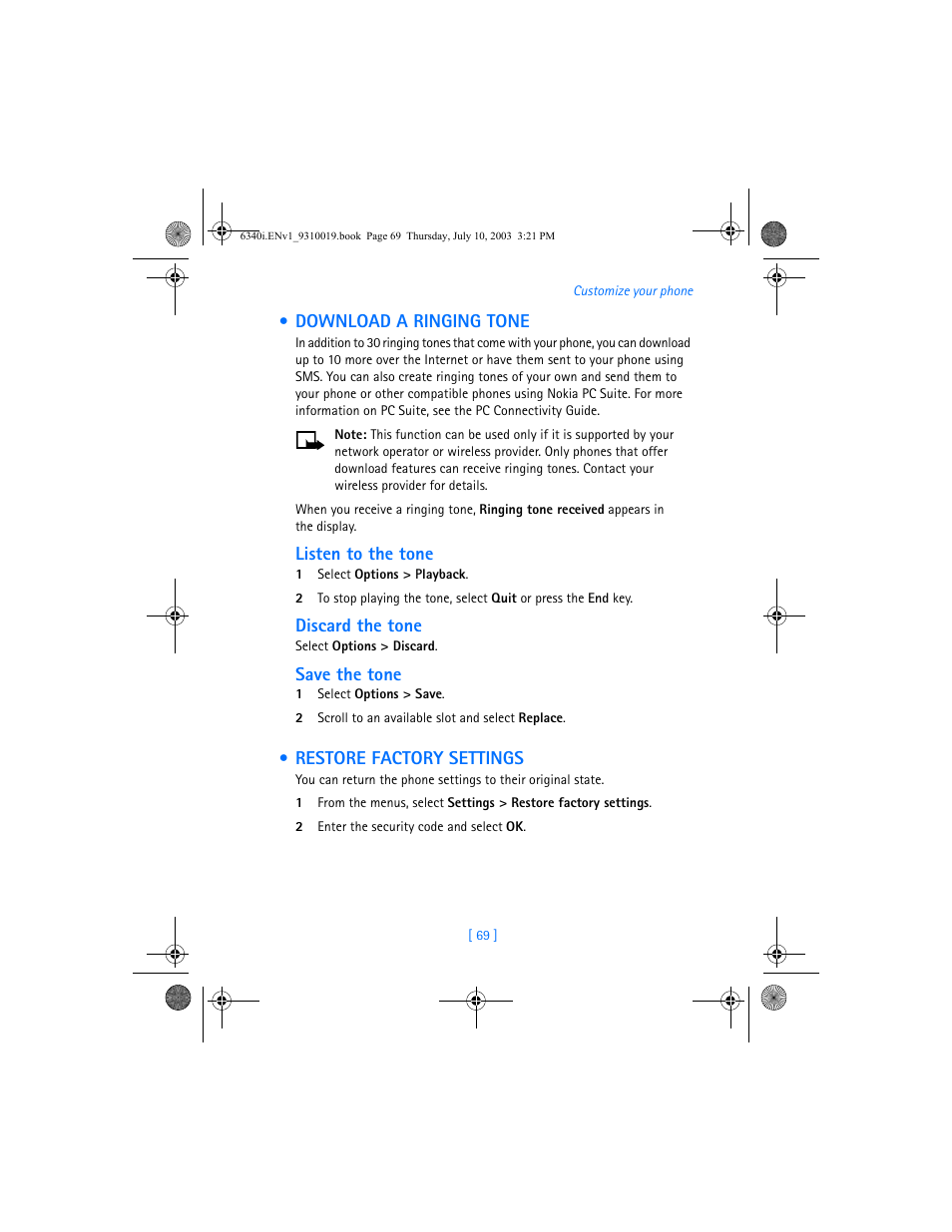 Download a ringing tone, Restore factory settings, Download a ringing tone restore factory settings | Nokia 6340i User Manual | Page 76 / 169