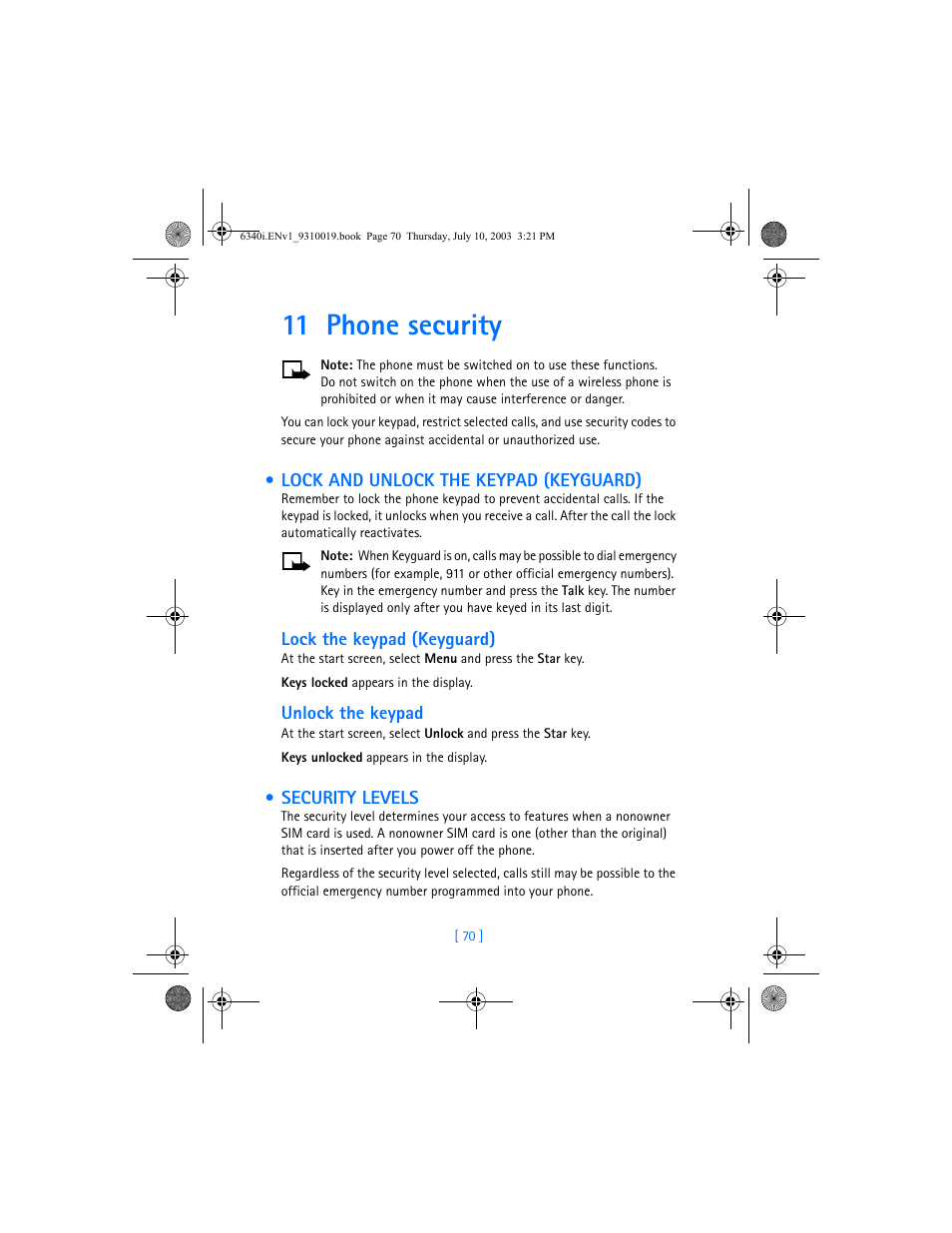11 phone security, Lock and unlock the keypad (keyguard), Security levels | Nokia 6340i User Manual | Page 77 / 169