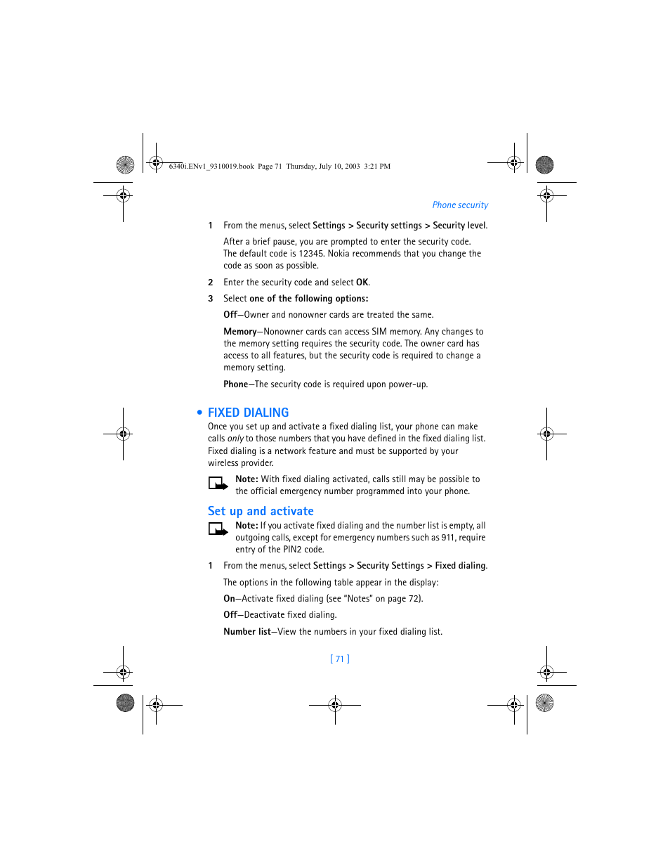 Fixed dialing, Set up and activate | Nokia 6340i User Manual | Page 78 / 169