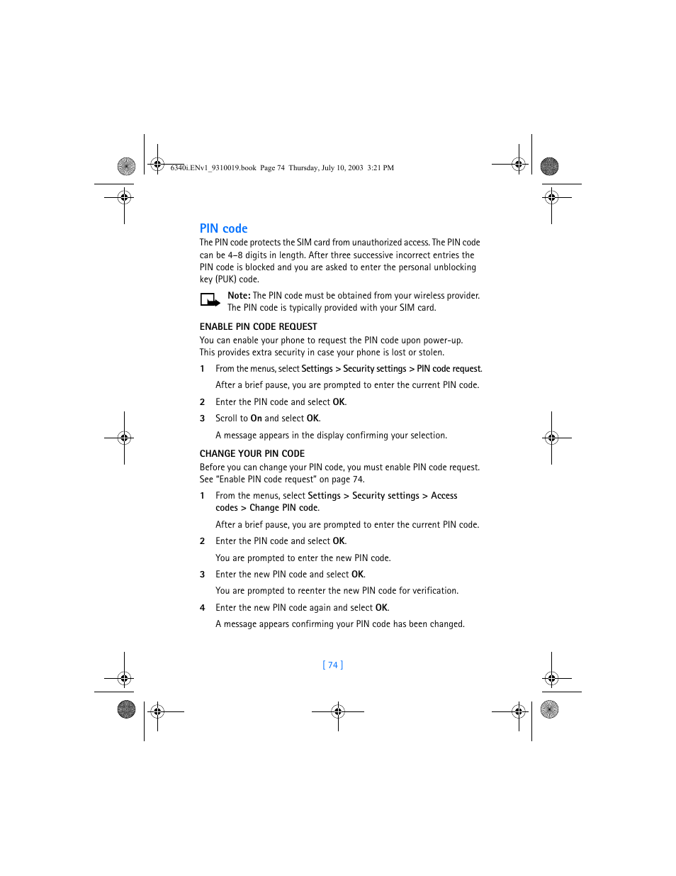 Pin code | Nokia 6340i User Manual | Page 81 / 169