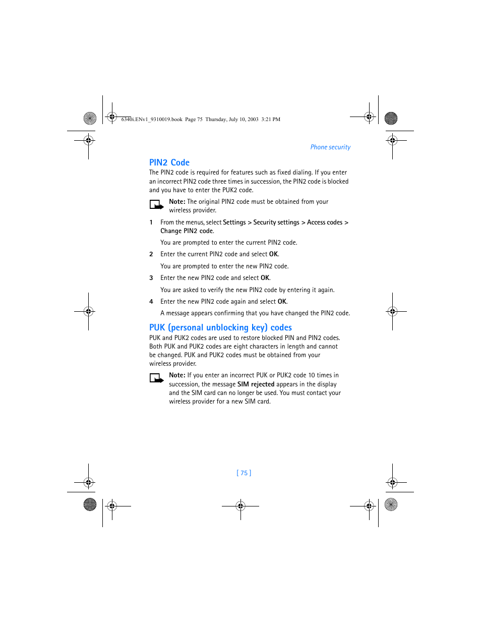 Pin2 code, Puk (personal unblocking key) codes | Nokia 6340i User Manual | Page 82 / 169