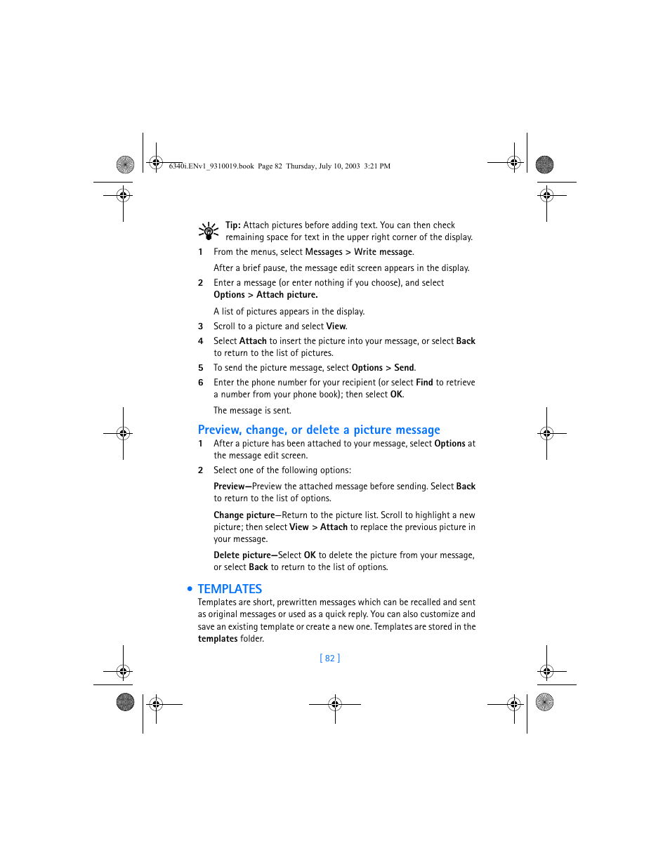 Templates, Preview, change, or delete a picture message | Nokia 6340i User Manual | Page 89 / 169