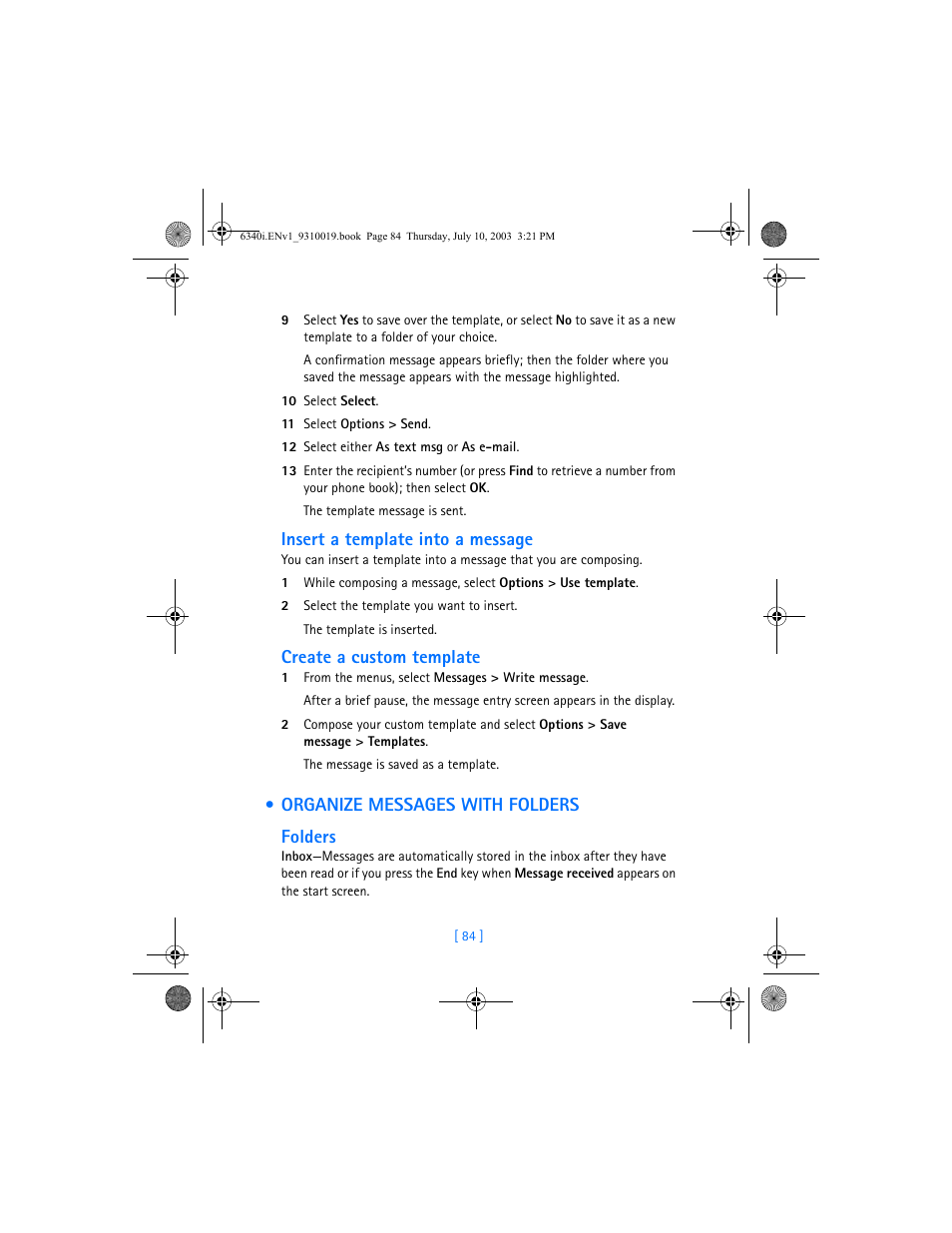 Organize messages with folders, Insert a template into a message, Create a custom template | Organize messages with folders folders | Nokia 6340i User Manual | Page 91 / 169