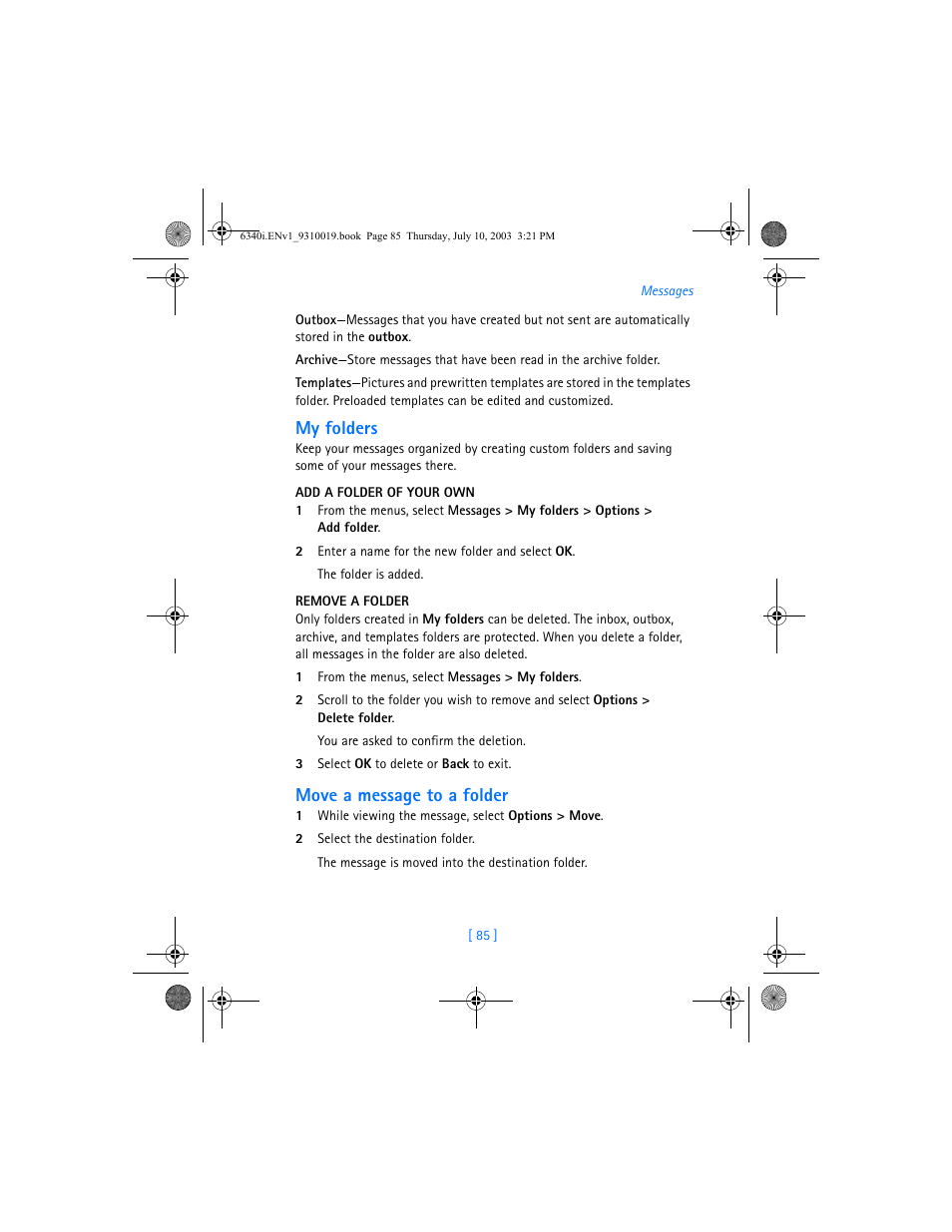 My folders, Move a message to a folder | Nokia 6340i User Manual | Page 92 / 169