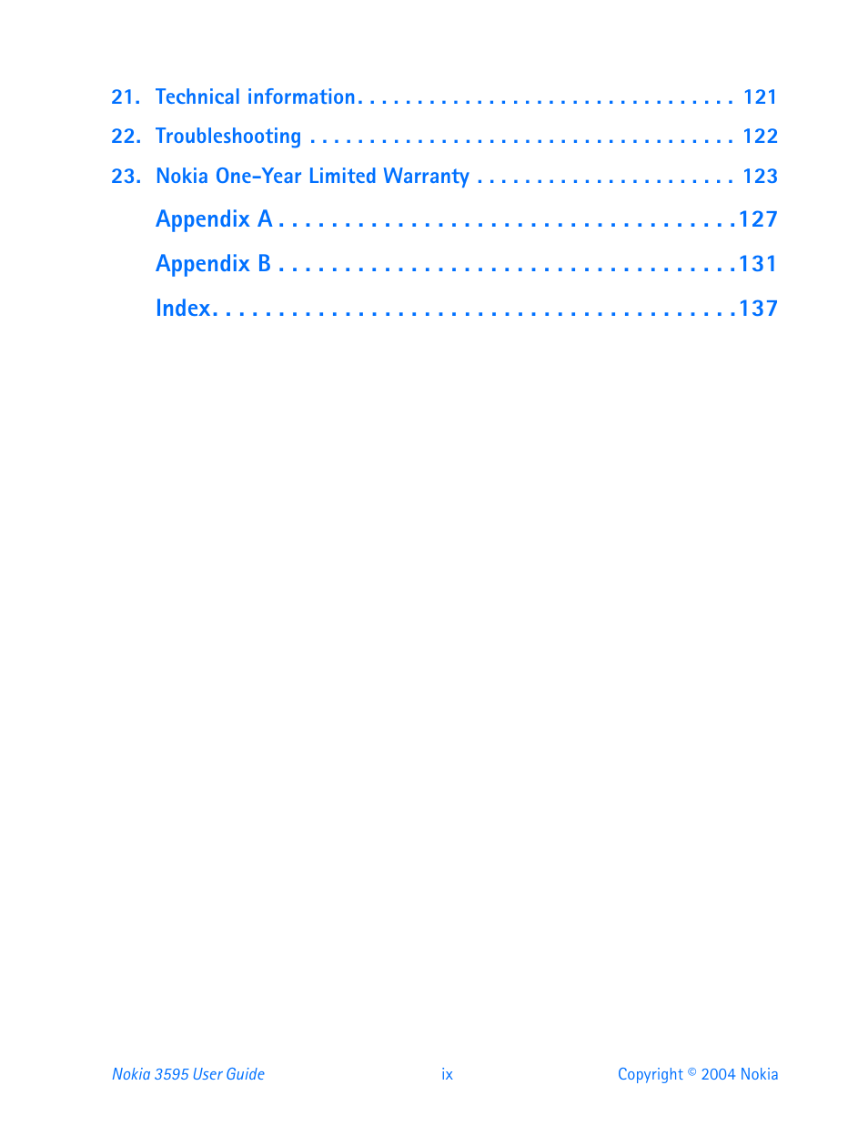 Appendix a appendix b index | Nokia 3595 User Manual | Page 10 / 153