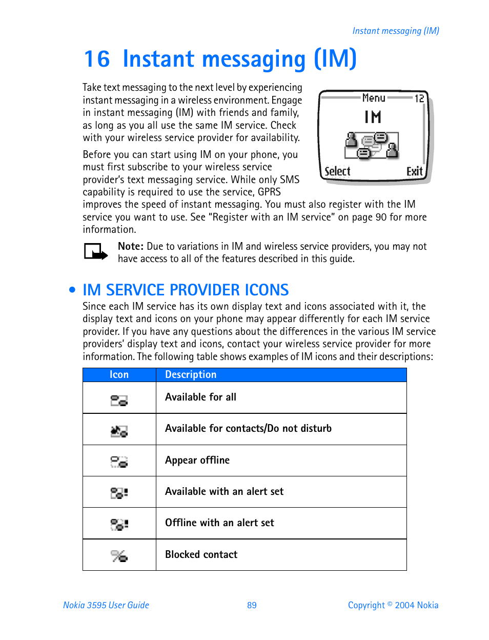 16 instant messaging (im), Im service provider icons, Instant messaging (im) | Nokia 3595 User Manual | Page 100 / 153