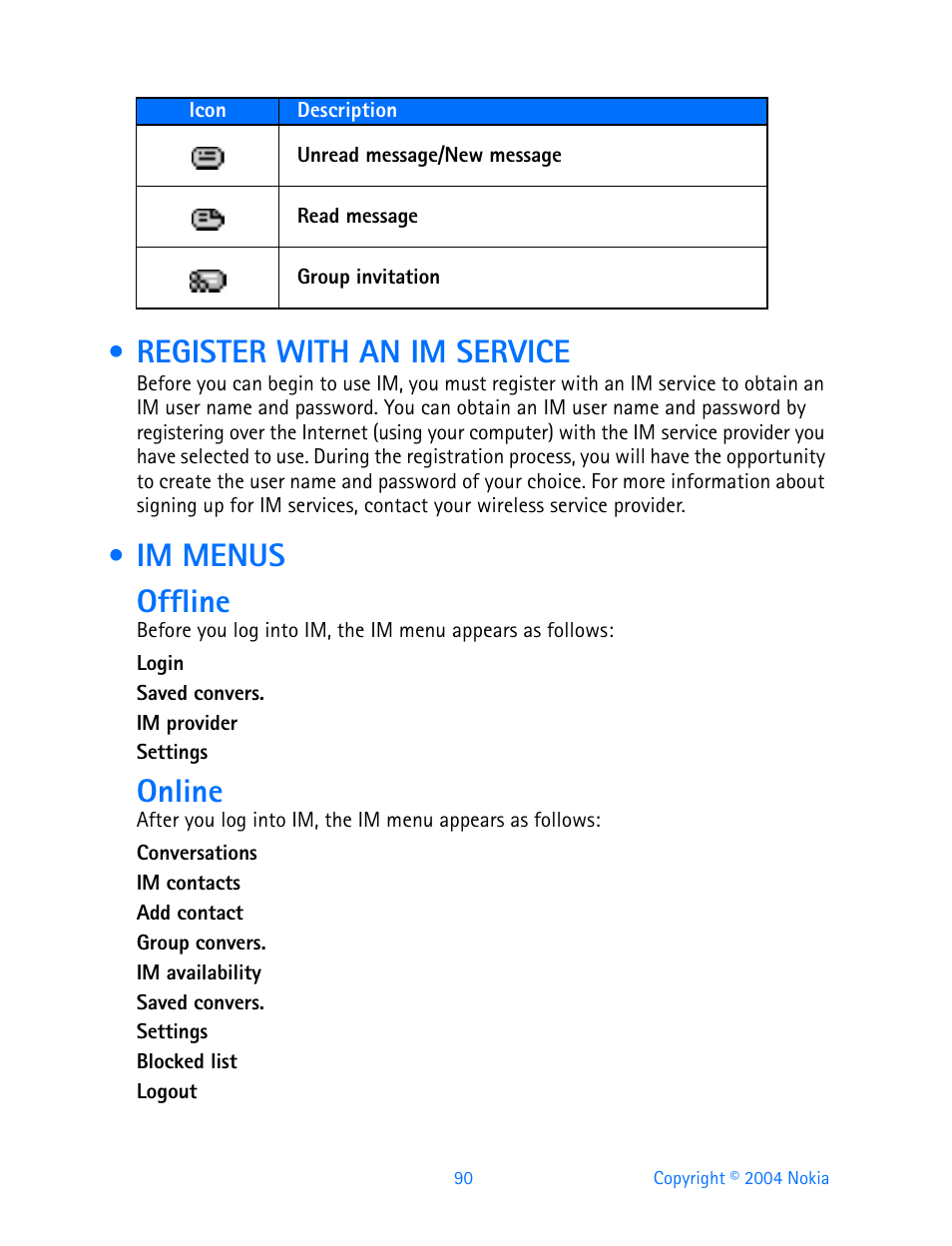 Register with an im service, Im menus, Register with an im service im menus | Im menus offline, Online | Nokia 3595 User Manual | Page 101 / 153