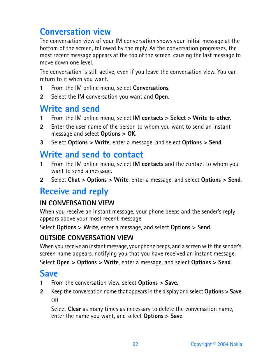 Conversation view, Write and send, Write and send to contact | Receive and reply, Save | Nokia 3595 User Manual | Page 103 / 153