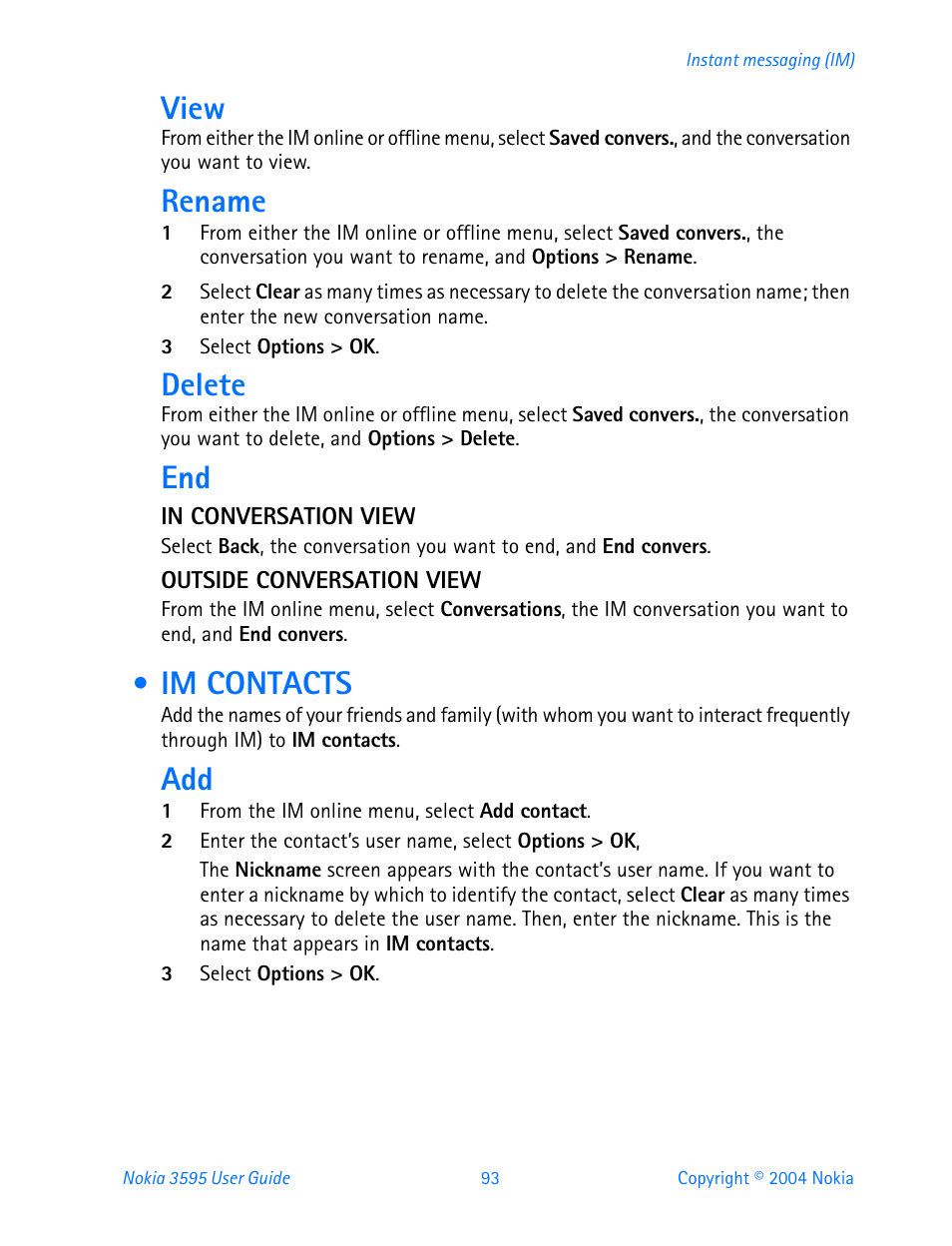 Im contacts, View, Rename | Delete | Nokia 3595 User Manual | Page 104 / 153