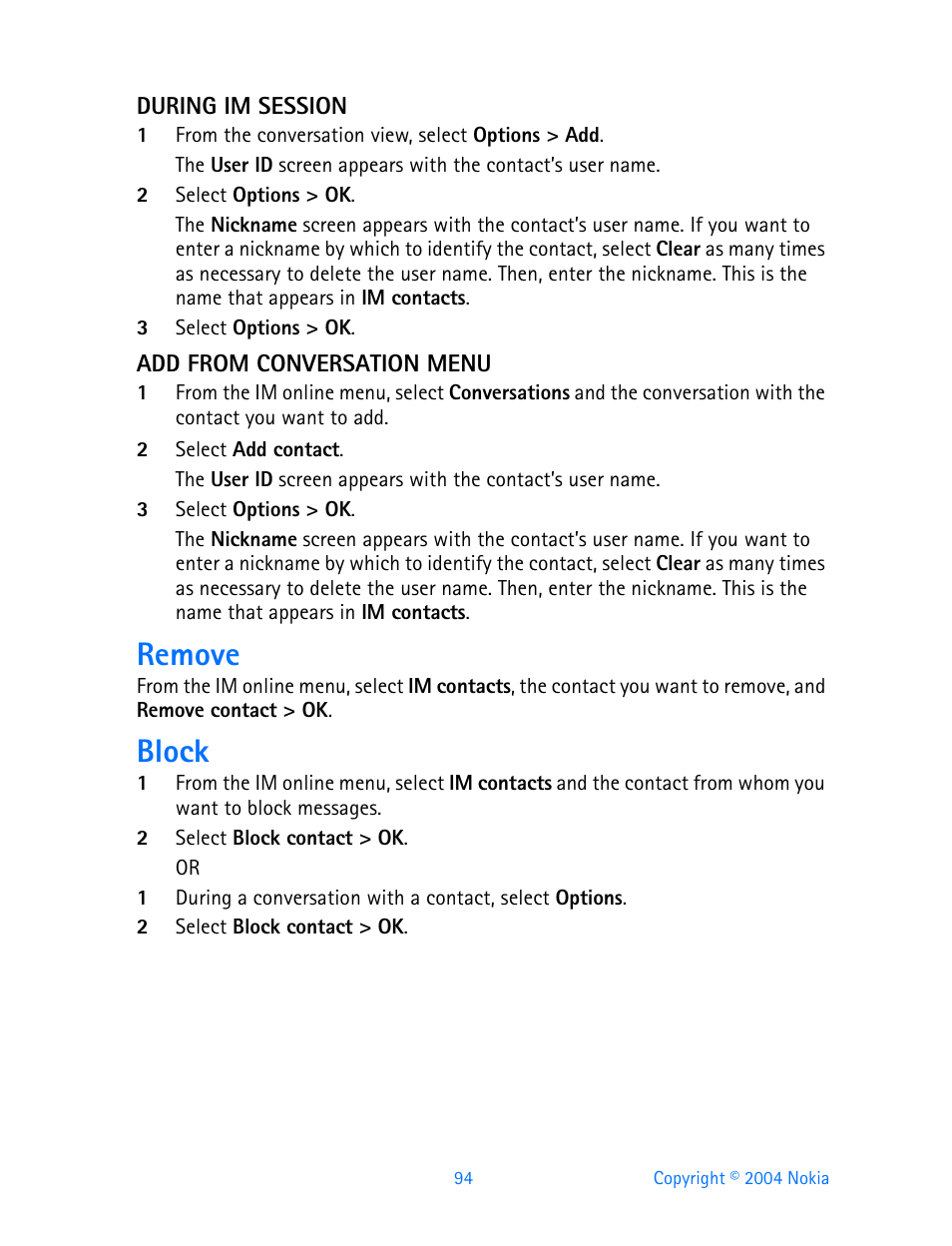 Remove, Block | Nokia 3595 User Manual | Page 105 / 153