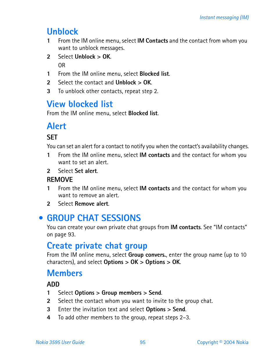 Group chat sessions, Unblock, View blocked list | Alert, Create private chat group, Members | Nokia 3595 User Manual | Page 106 / 153